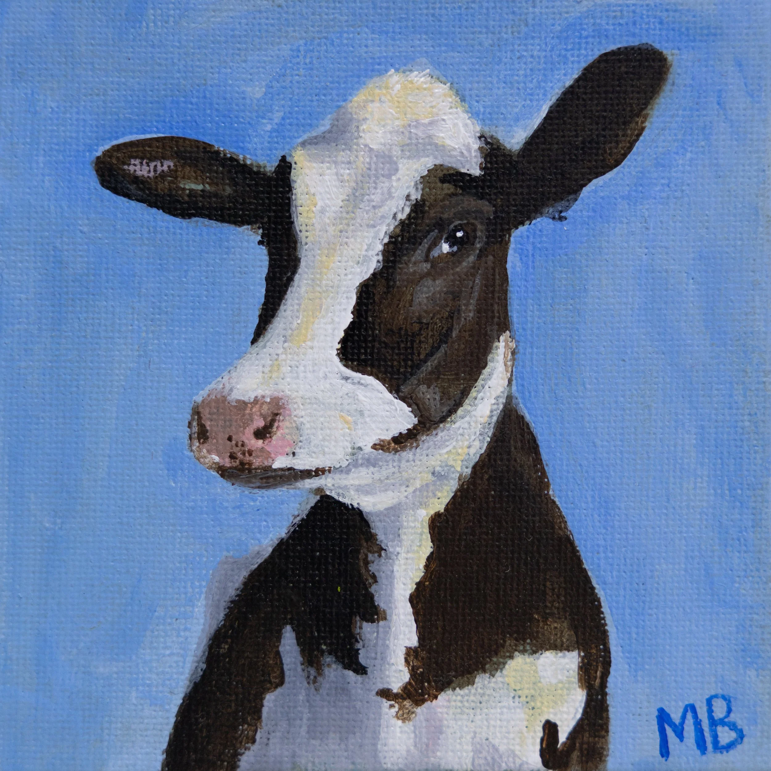 A painting of a cow's head with a blue background, showing mostly the face and ears.