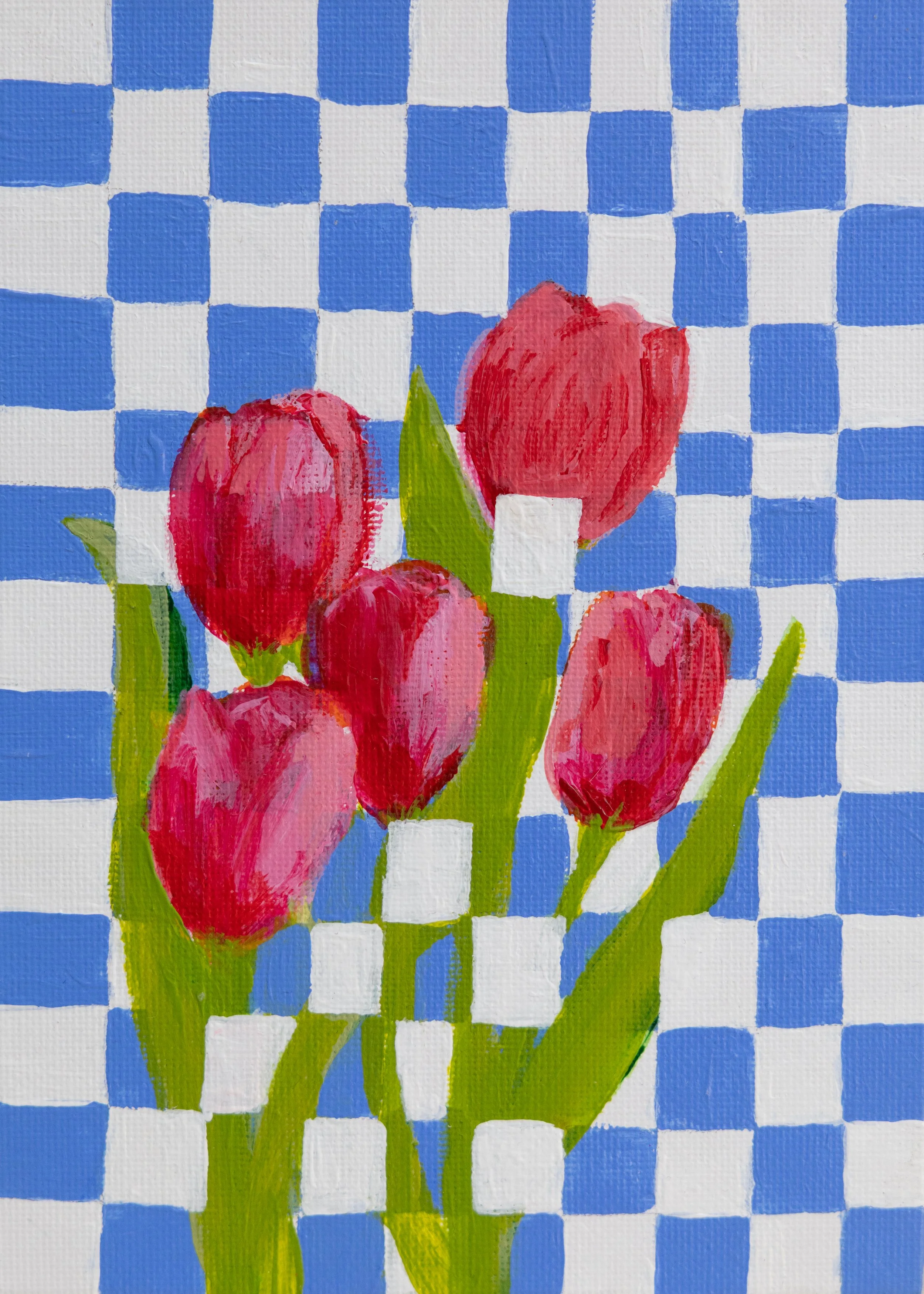 Painting of red tulips with green stems against a blue and white checkered background.