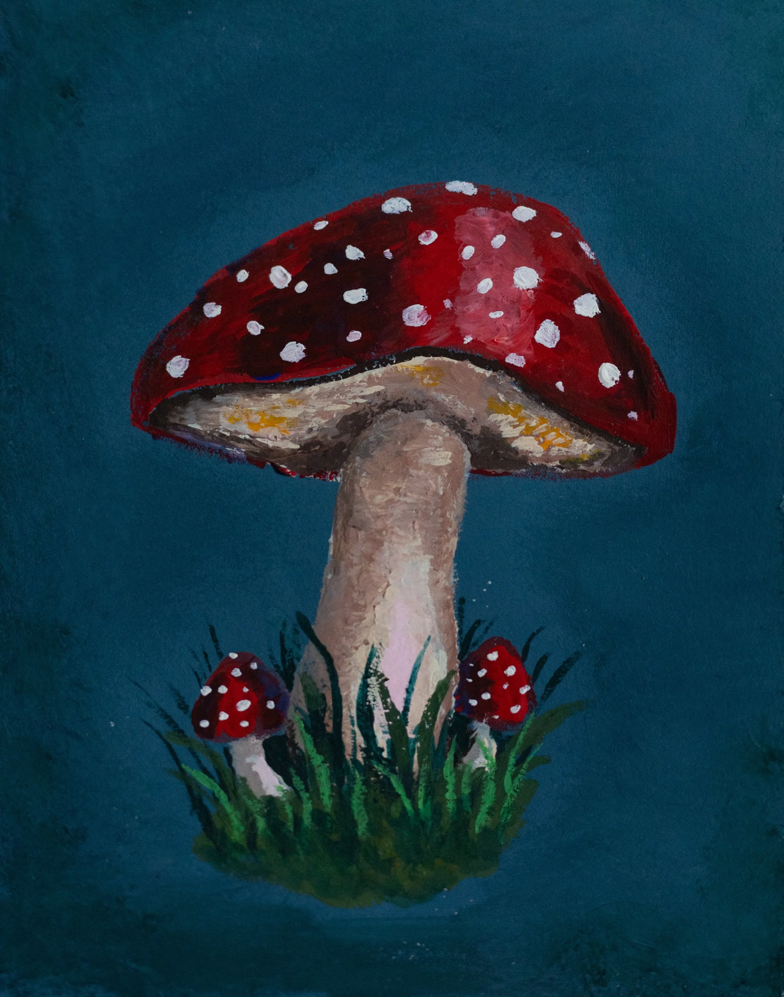 A painting of a toadstool mushroom with a red cap with white spots, a beige stem, and some surrounding greenery on a dark background.