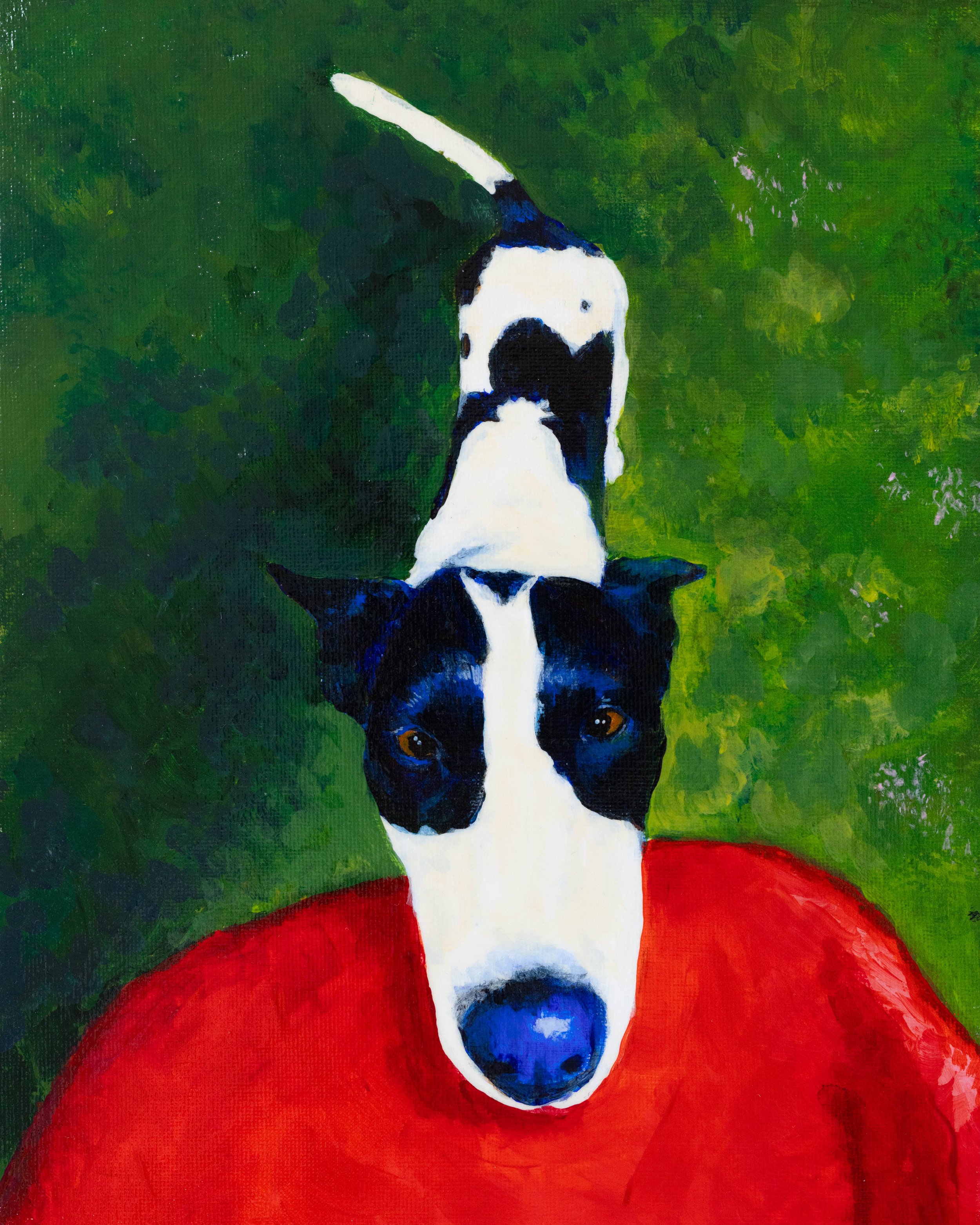 Painting of a cow with black and white markings, set against a background of green and red colors.