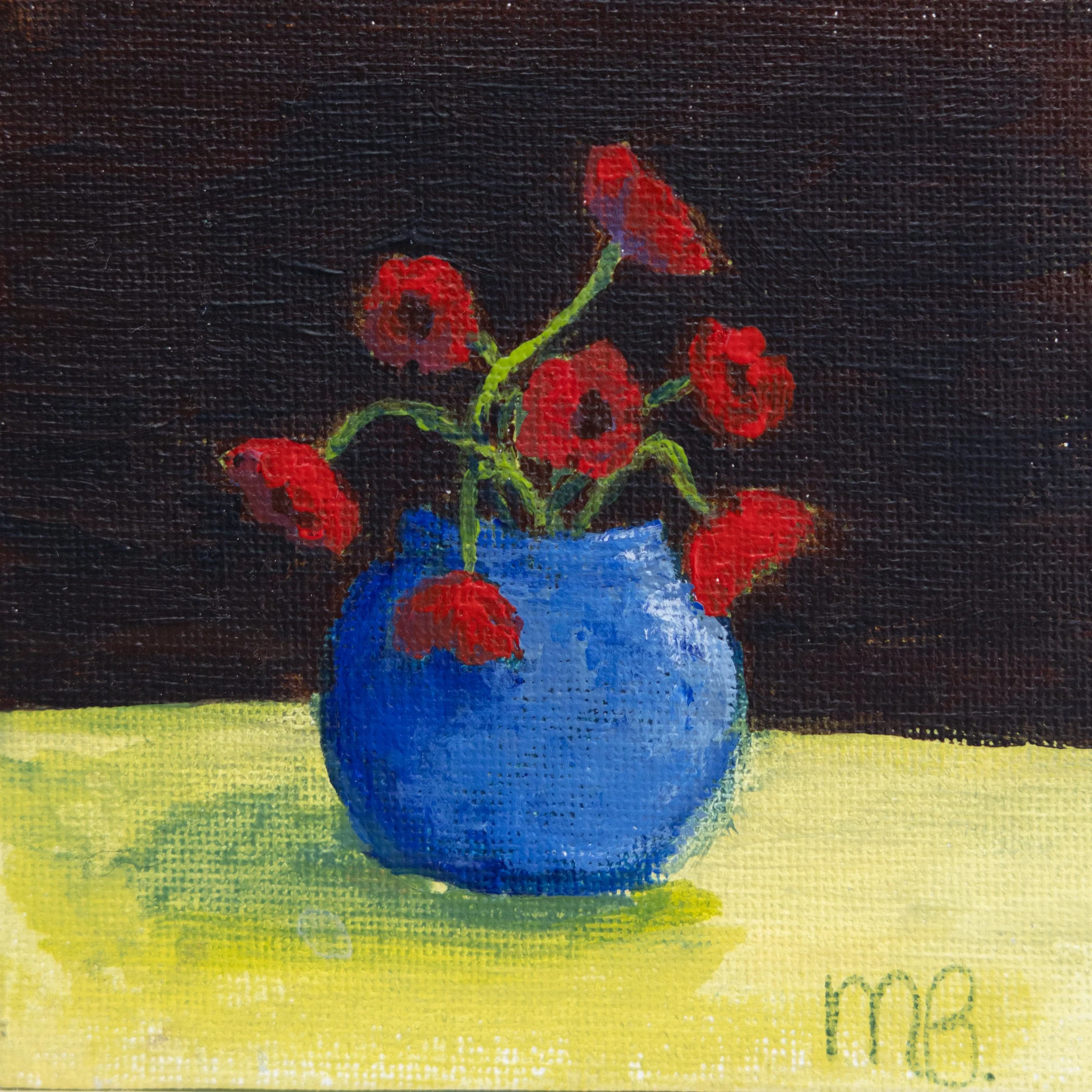 A painting of red flowers with green stems on a dark background.