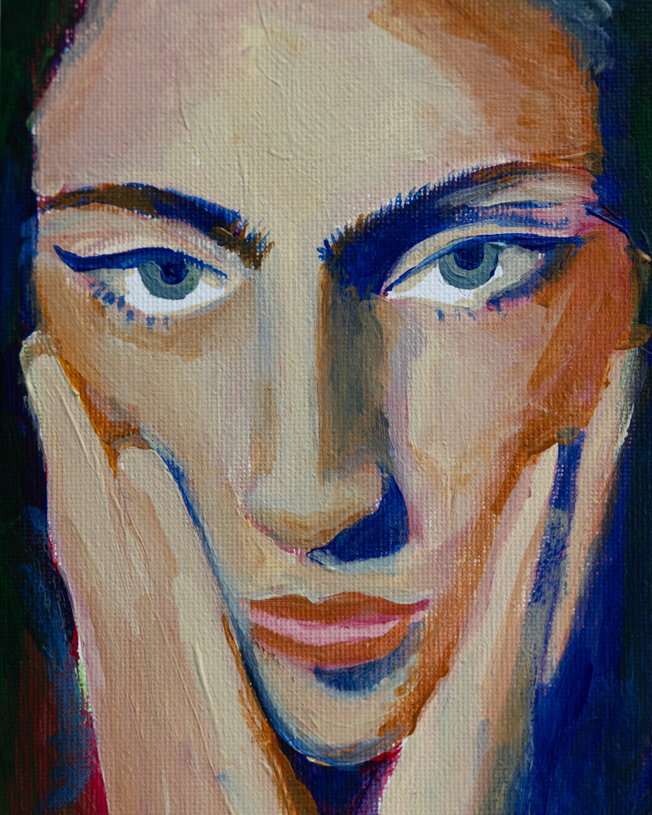 Close-up of a painted portrait of a woman's face, focusing on her eyes and nose, with expressive brushstrokes and vivid colors.