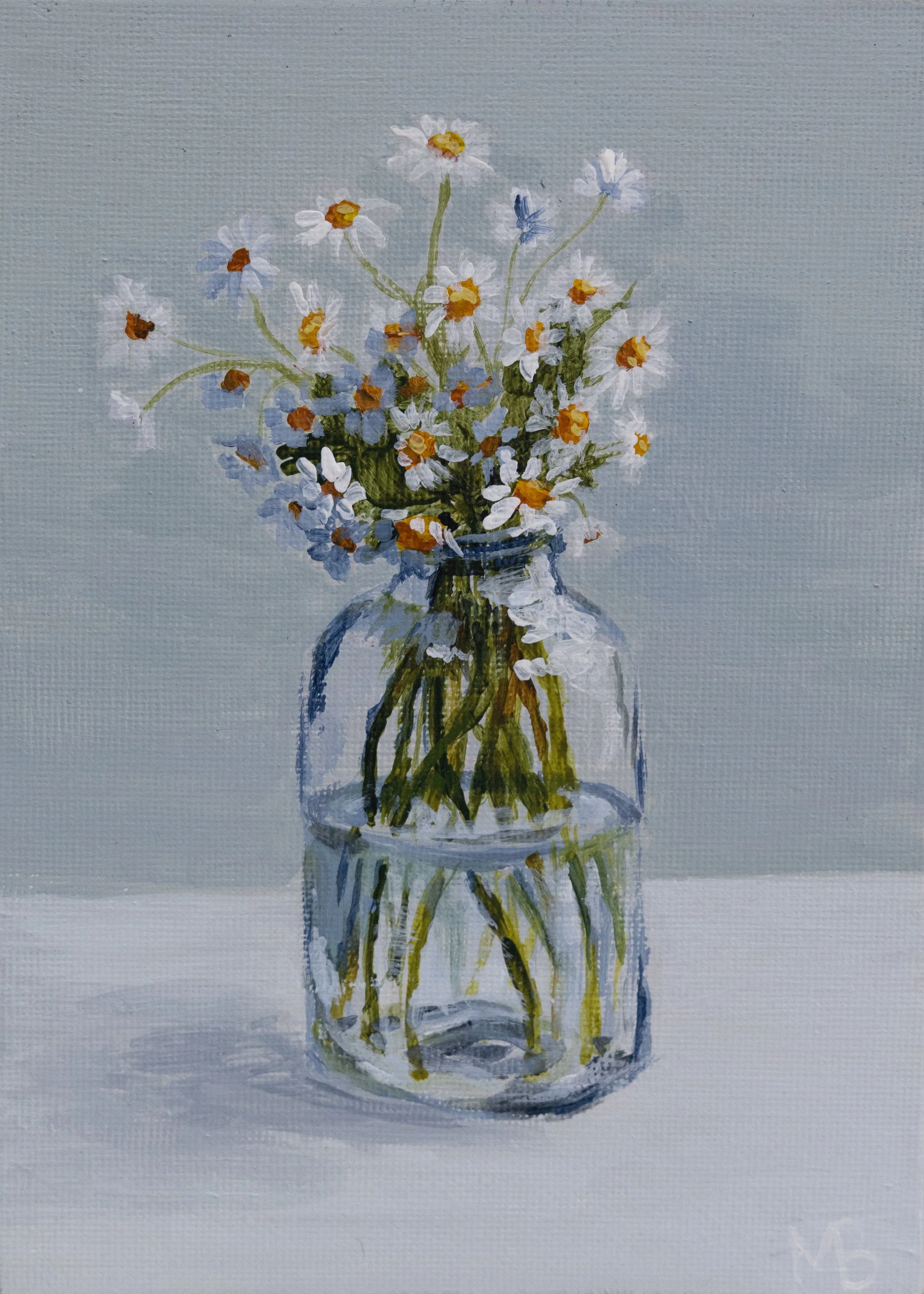 Painting of a glass vase filled with white and yellow daisies on a light background.