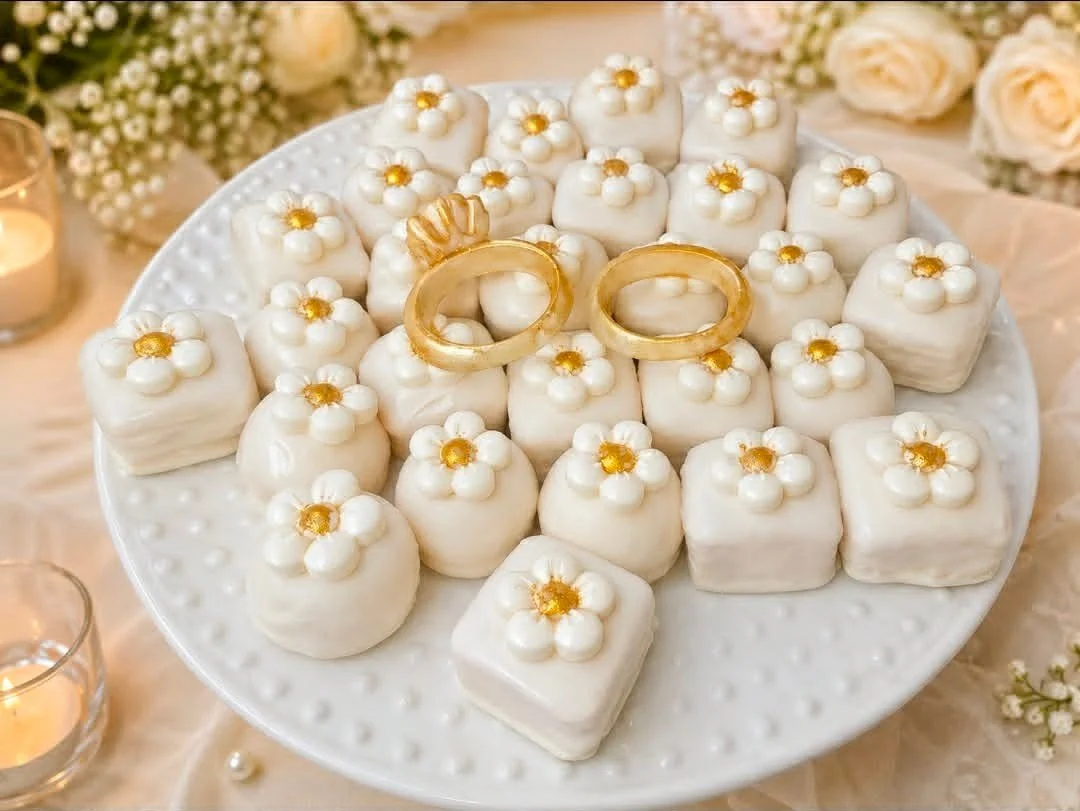 This dessert table wasn't leaving anything to chance.

Every petit four got a hand-painted chocolate flower with a gold center, set right in with the ivory roses, lace, and gold rings. That's the kind of detail work we do for bridal showers and weddi
