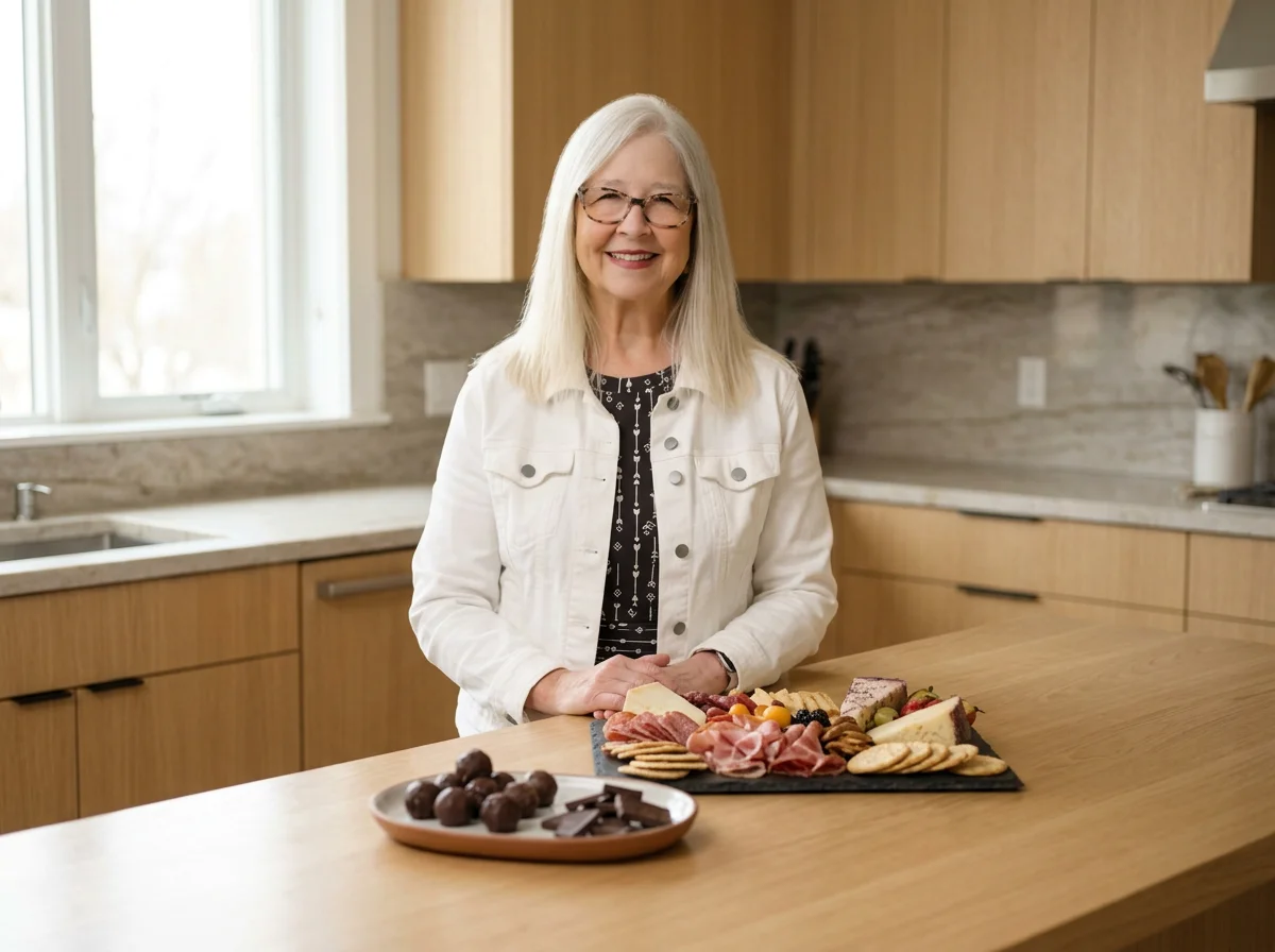 A woman with long white hair and glasses smiling at the camera, standing behind a wooden kitchen counter with a charcuterie board and chocolates.