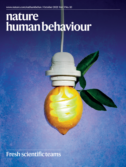 Nature Human Behaviour October 2021 cover, issue featuring "Emotion prediction errors guide socially adaptive behaviour"