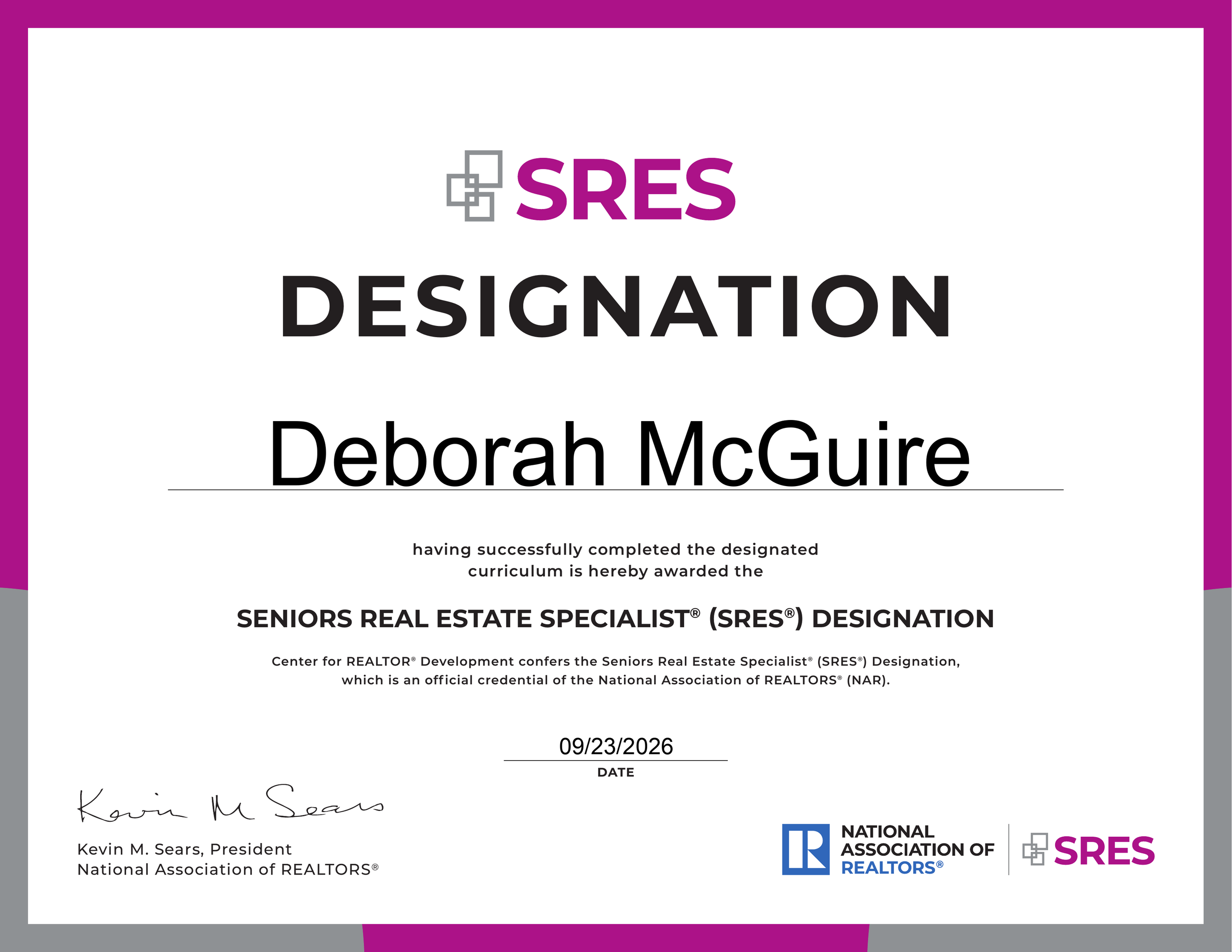Deborah McGuire’s Seniors Real Estate Specialist (SRES) designation certificate, awarded September 23, 2026.