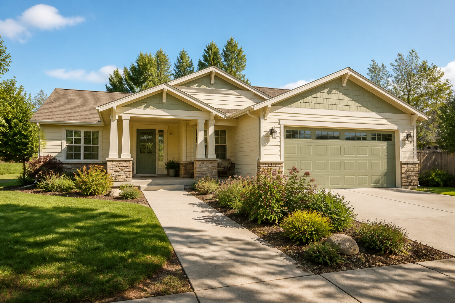 Welcoming single-story craftsman home with a covered porch and level walkway