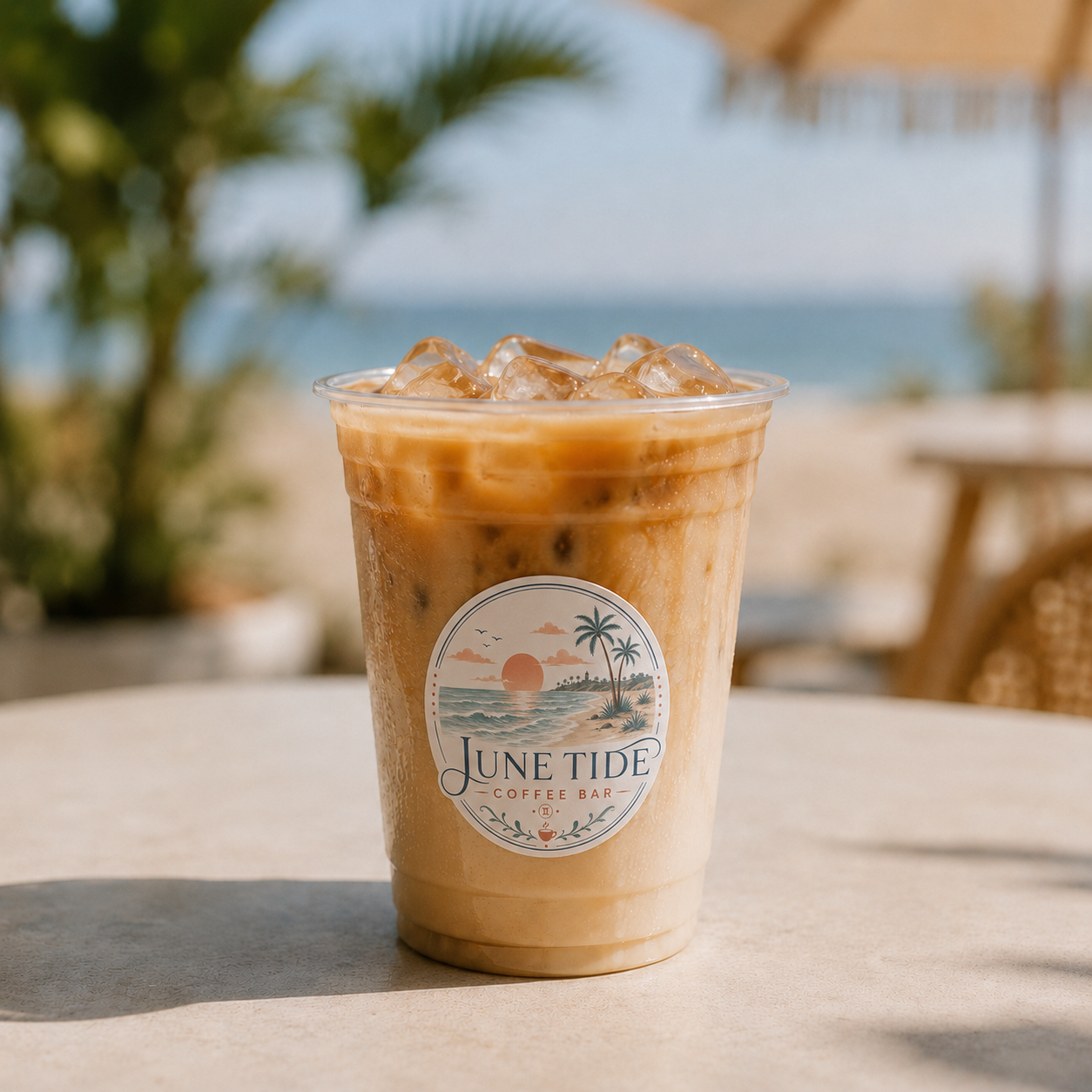Iced coffee in a plastic cup from June Tide Coffee Bar on a table by the beach, with blurred palm trees and ocean in the background.