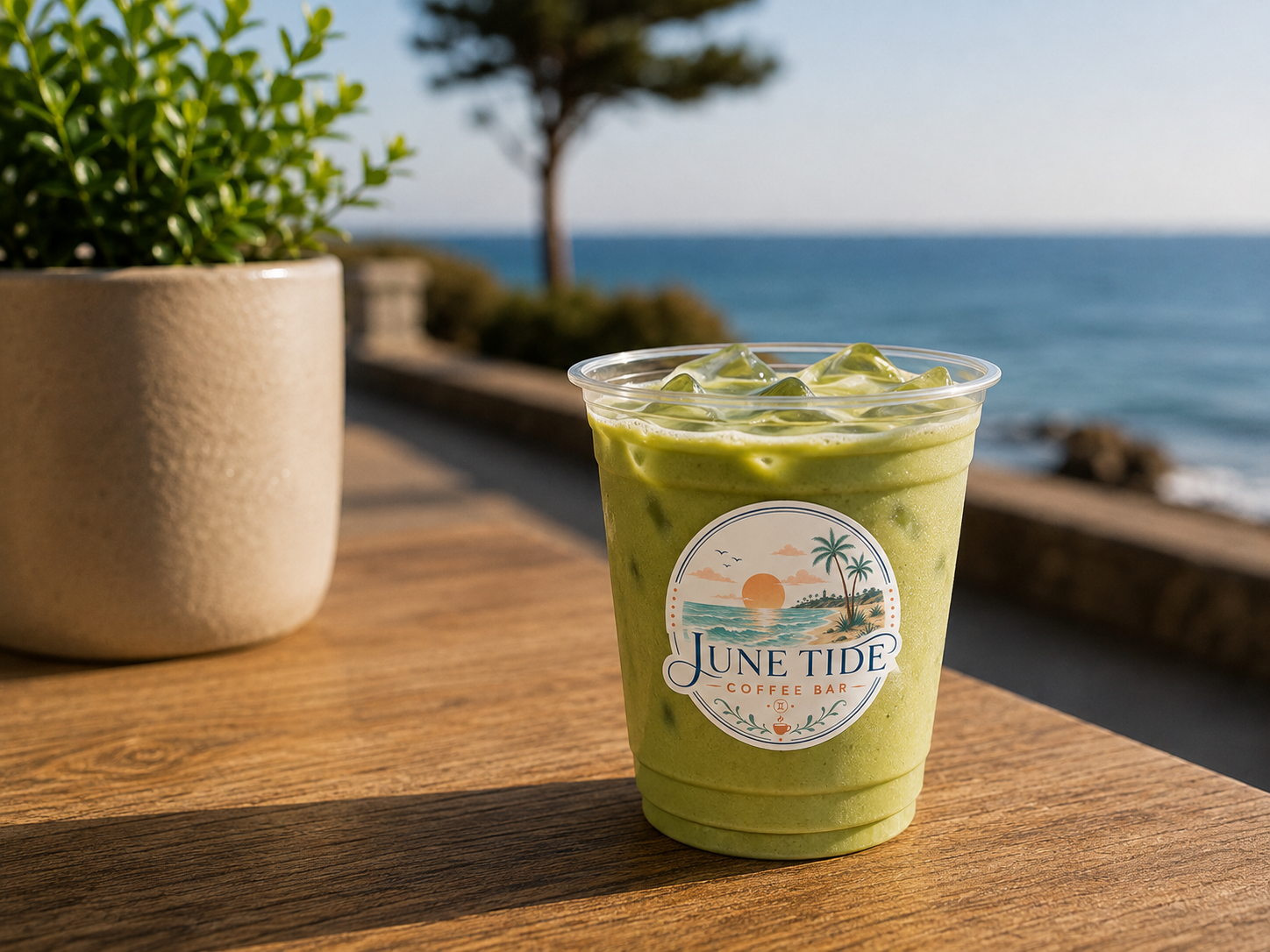 A clear plastic cup filled with iced matcha latte on a wooden table outdoors with the ocean and a tree in the background. The cup has a June Tide Coffee Bar logo.