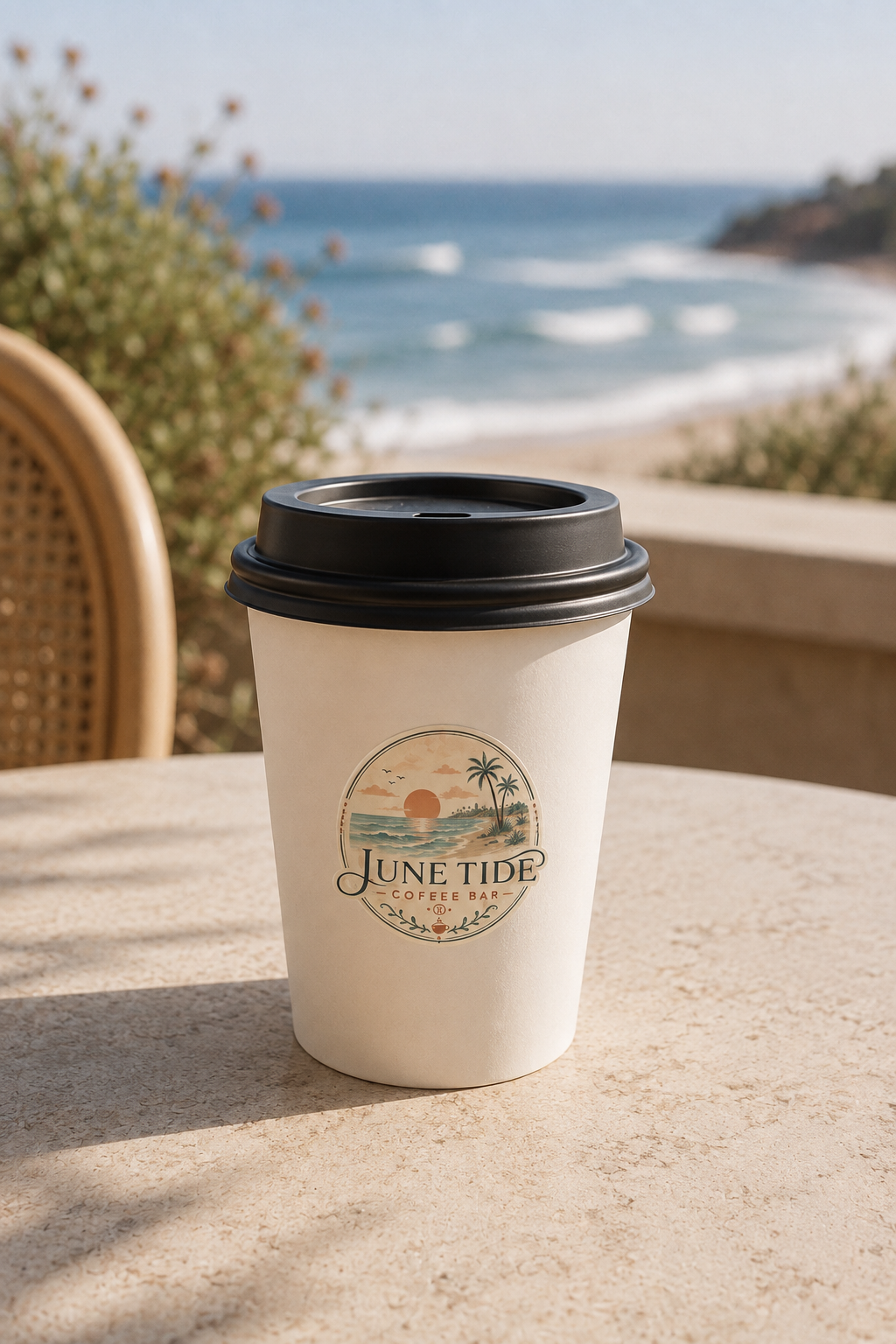 A coffee cup from June Tide Coffee Bar on a beige table with an outdoor beach view in the background.