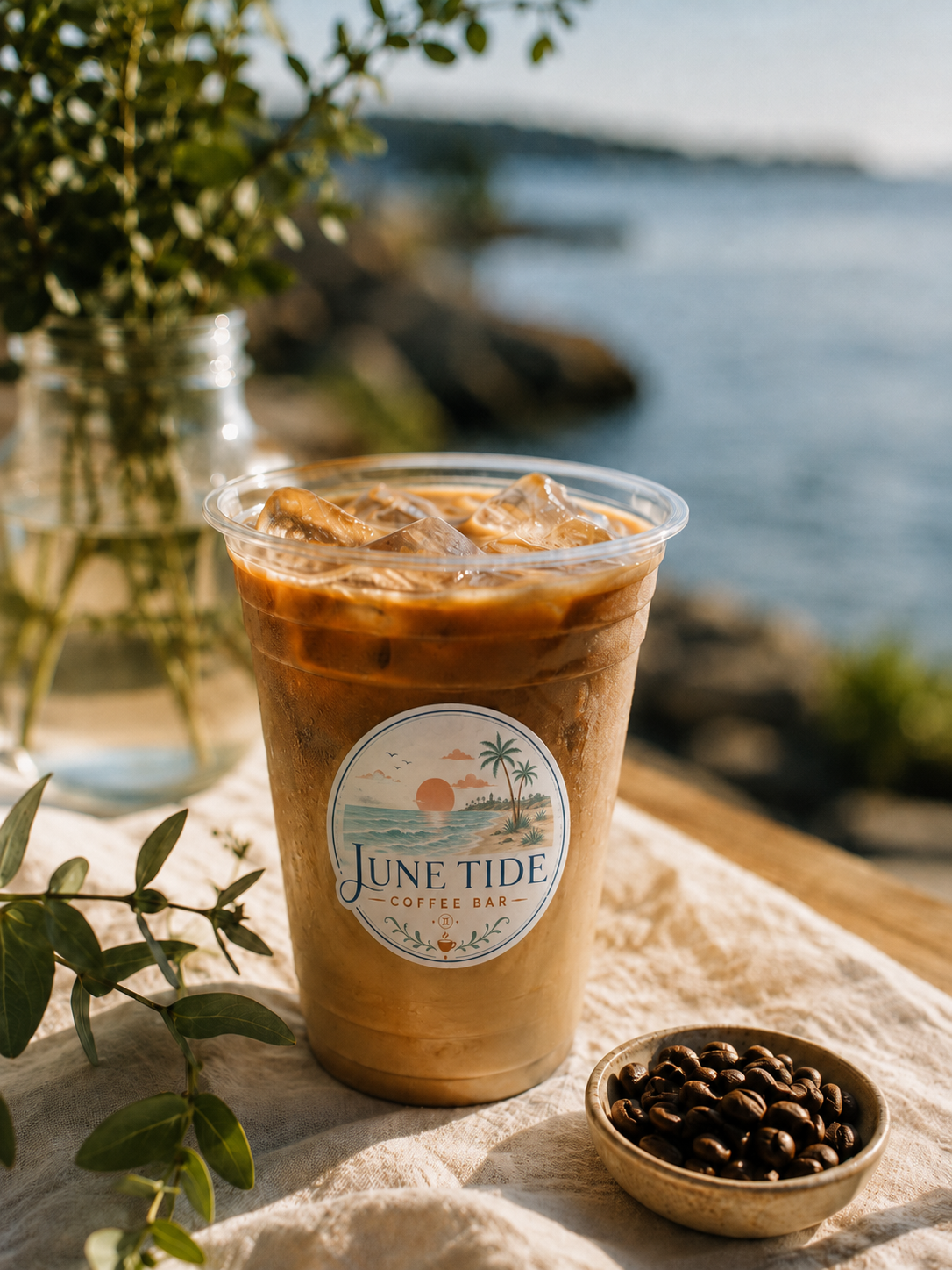Iced coffee in a plastic cup with a "June Tide Coffee Bar" label, a small bowl of coffee beans, and a vase with green foliage on a table outdoors near a body of water and rocks.