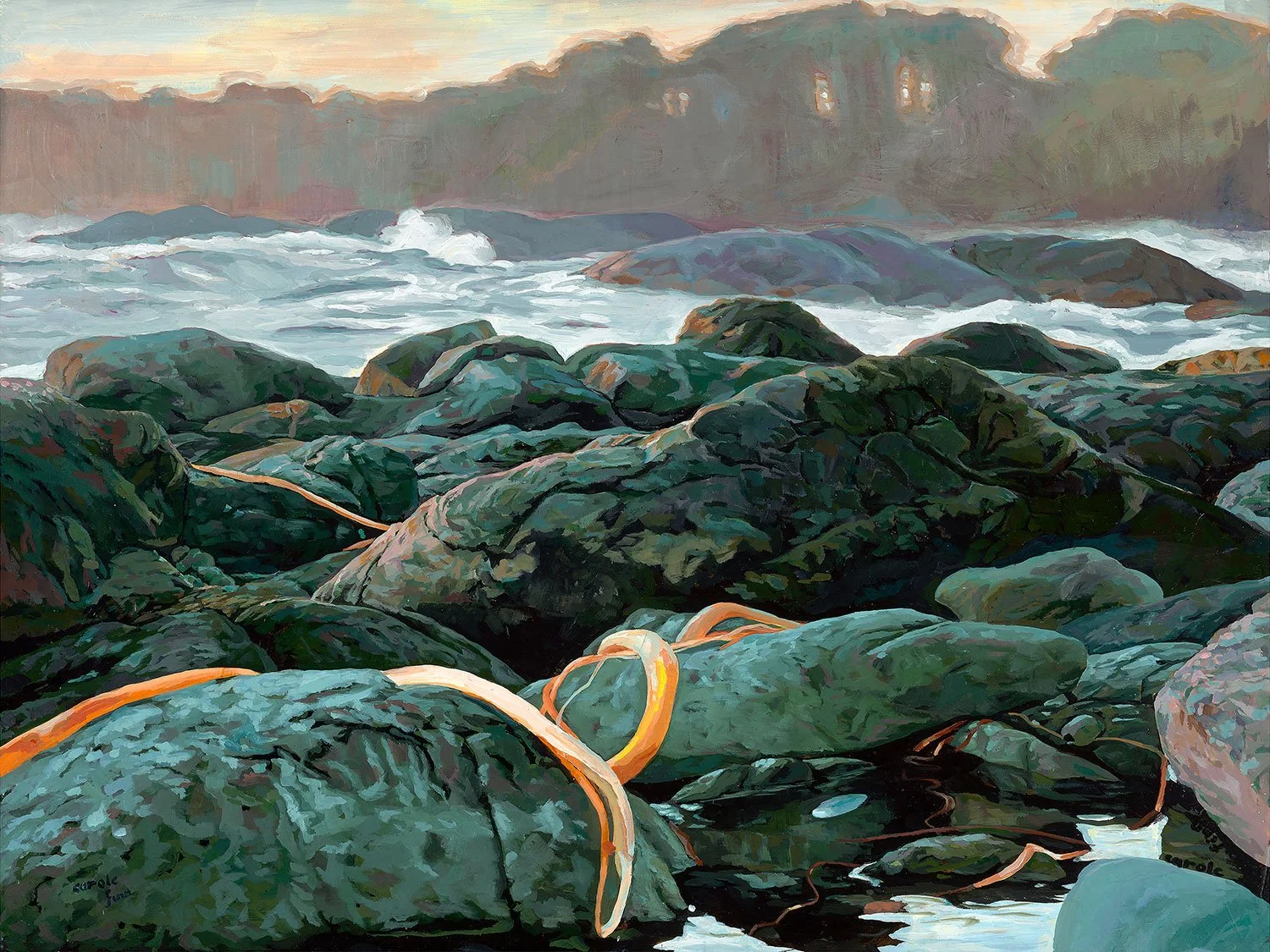 Bull Kelp draped over foreground rocks, sunset,Big Beach,Pacific Rim, acrylic landscape., Painted by Carole Finn