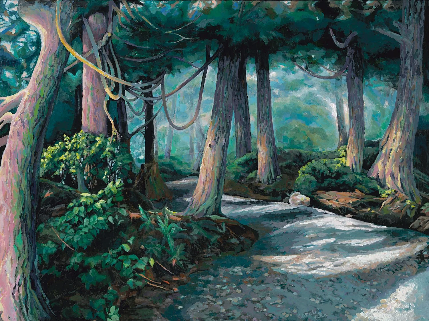 Hanging Canopy of  tree-tops boughs, trail shadows_ light , Pacific Rim,Vancouver Island, acrylic landscape., Painted by Carole Finn