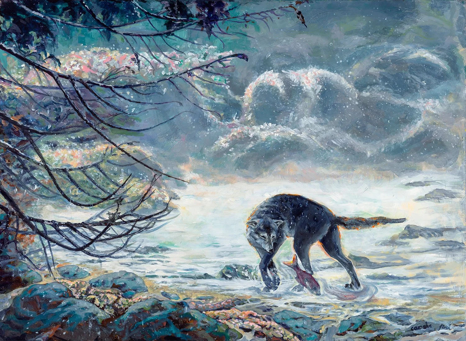 Wolf fishing in early morning,salmon, Great Bear Rainforest,BC,acrylic wildlife painting by Carole Finn