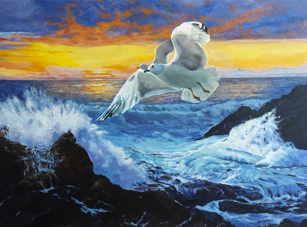 Gulls flying , orange sunset,Large volcanic Rocks , Vancouver Island, BC, acrylic wildlife, painted by Carole Finn
