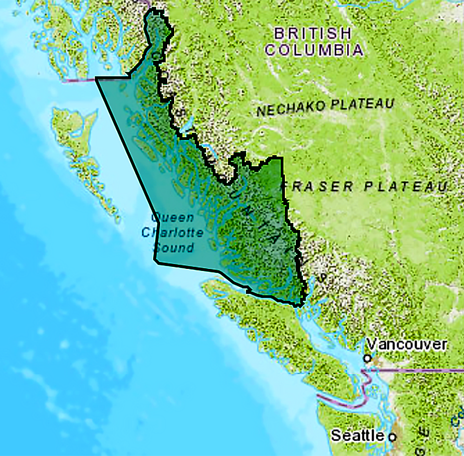 Map , Great bear Rainforest marked. Queen Charlotte Sound BC ,acrylic landscape., Carole Finn