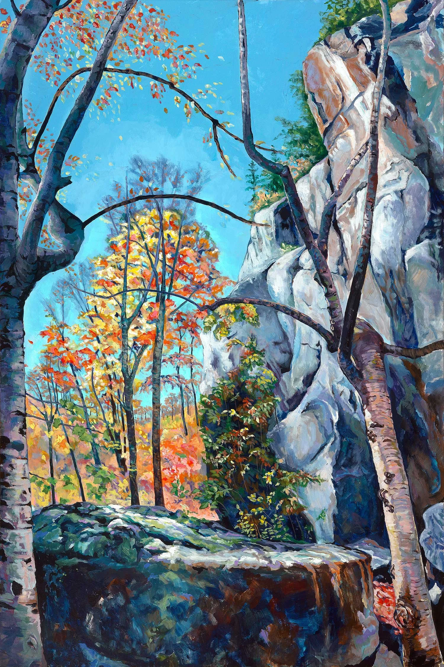 High Rocky  cliff top, Fall Colours, Laurentian Sheild , Haliburton Forest,Ontario, acrylic landscape., Painted by Carole Finn ,