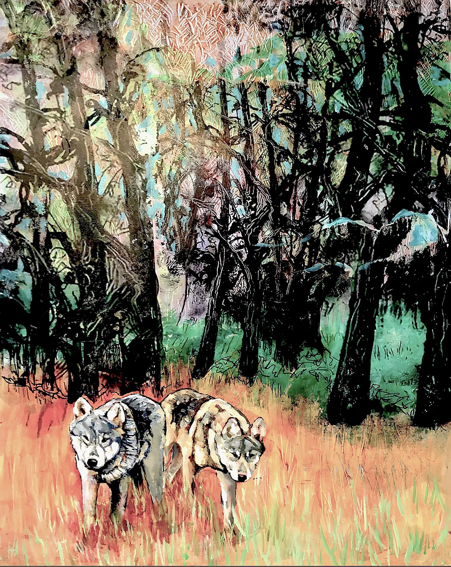 olves Stalking_ acrylic wildlife painting by Carole Finn