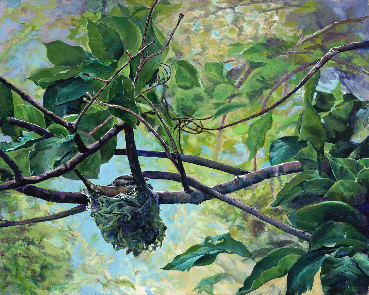 Vireo, nest In  Lilac, window, acrylic wildlife, painting by Carole Finn