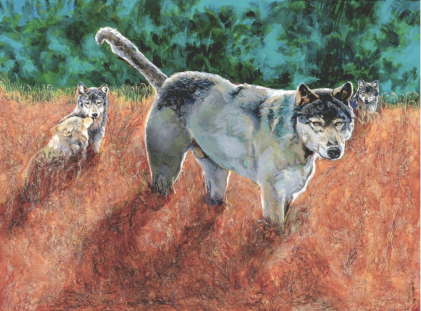 Wolf Pack resting Forest Clearing,Sunset, acrylic wildlife  painting by Carole Finn