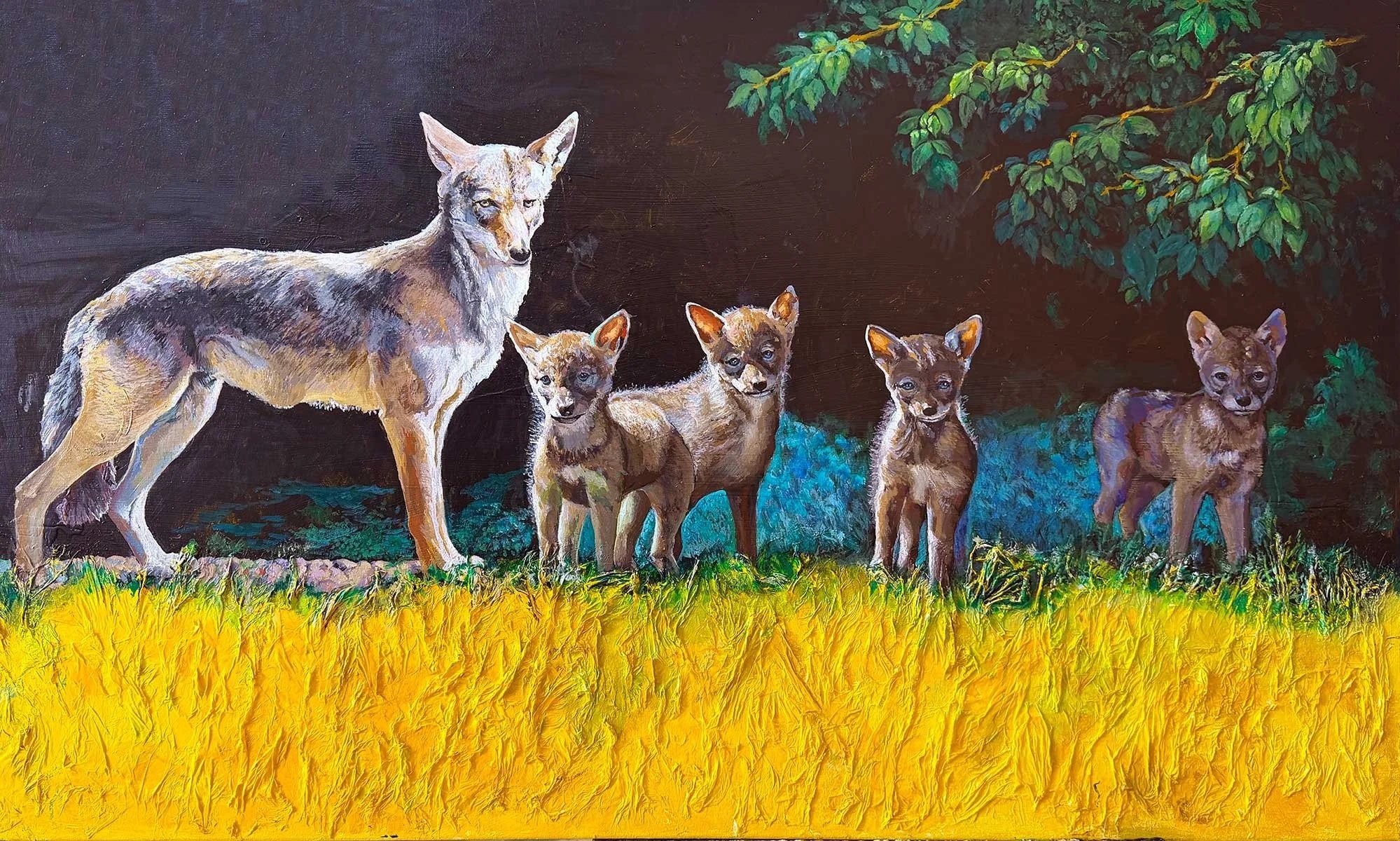 Coyote Vixen and Kits staring, acrylic wildlife painting by Carole Finn
