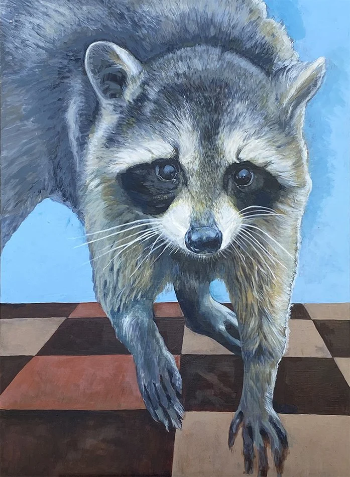 Raccoon,Caught , Kitchen floor, acrylic wildlife painting by Carole Finn