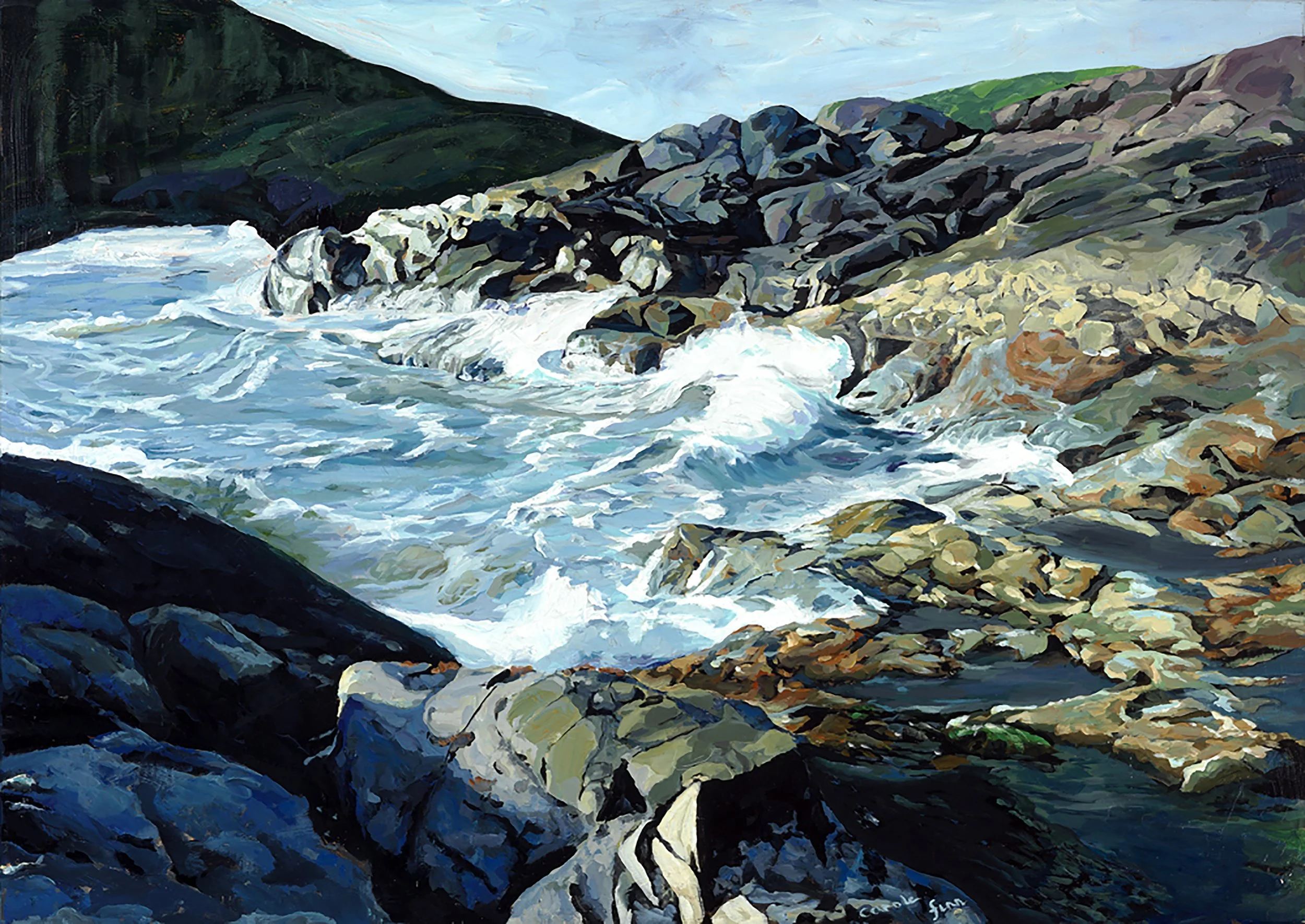 Rosies Bay,rough waves ,rocky  shoreline, late  afternoon, acrylic landscape., Painted by Carole Finn