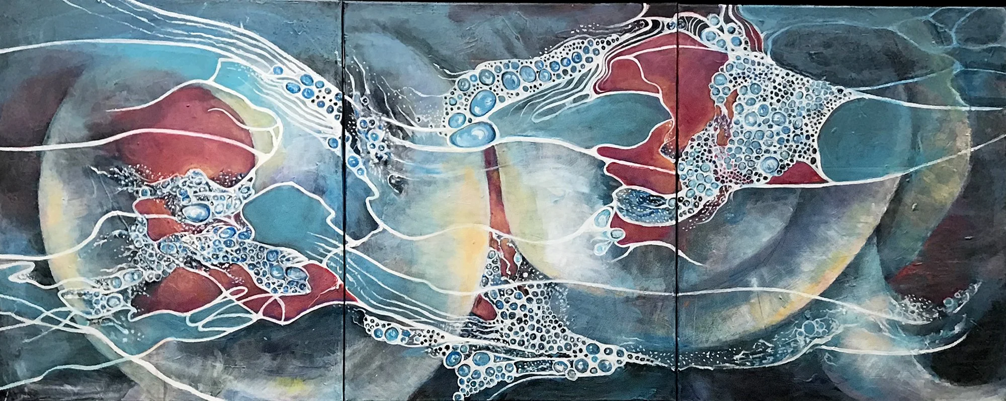 Abstract Interpretation of a stream ,water flowing , bubbles, rocks. acrylic abstract., Painted by Carole Finn