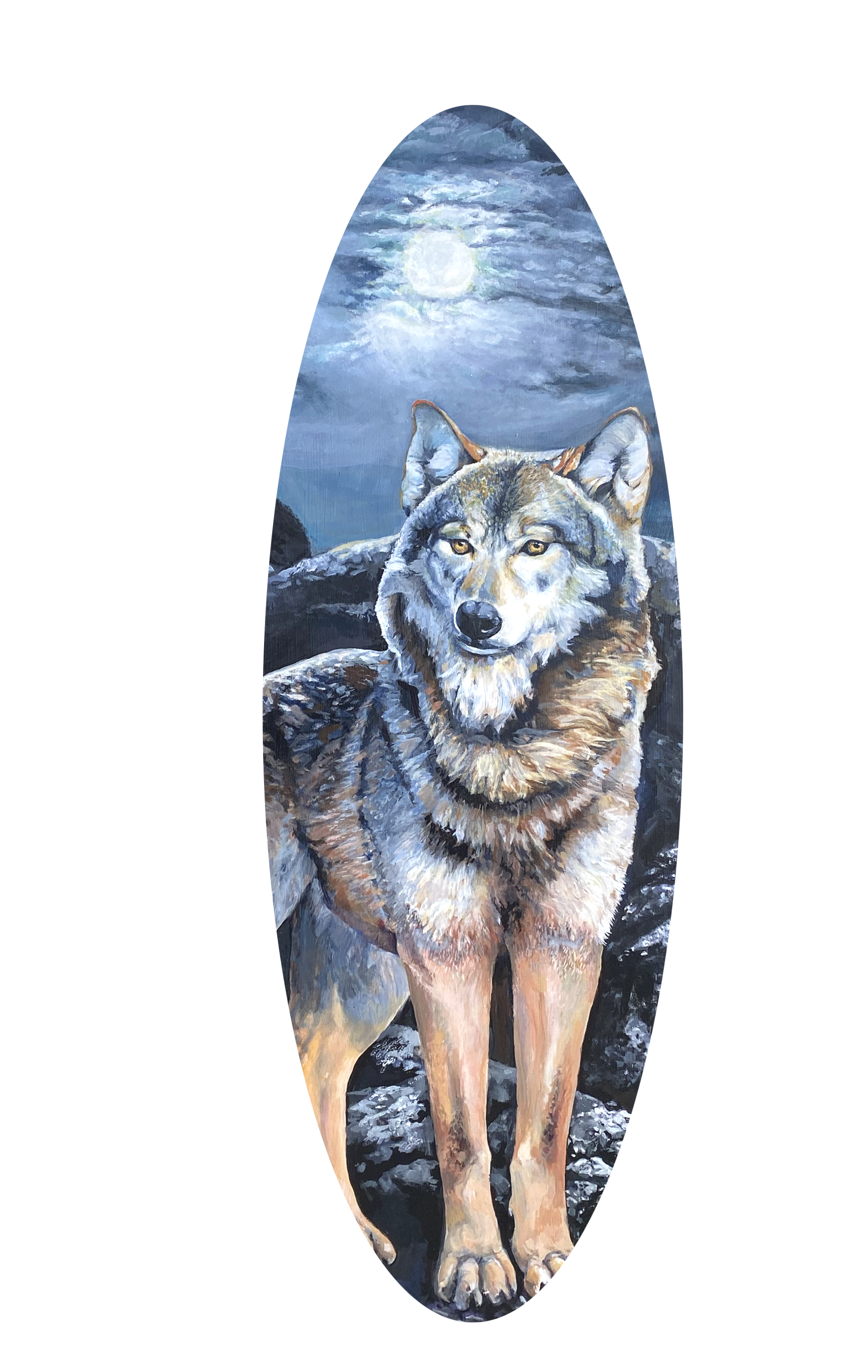 Painting of a wolf standing on rocks with a full moon and cloudy sky in the background.