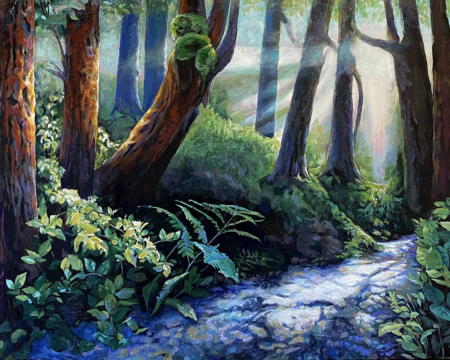Morning fog lifting, sunrays on Rainforest trail,Vancouver Island, acrylic landscape., Painted by Carole Finn Pacific Trail,Ucluelet