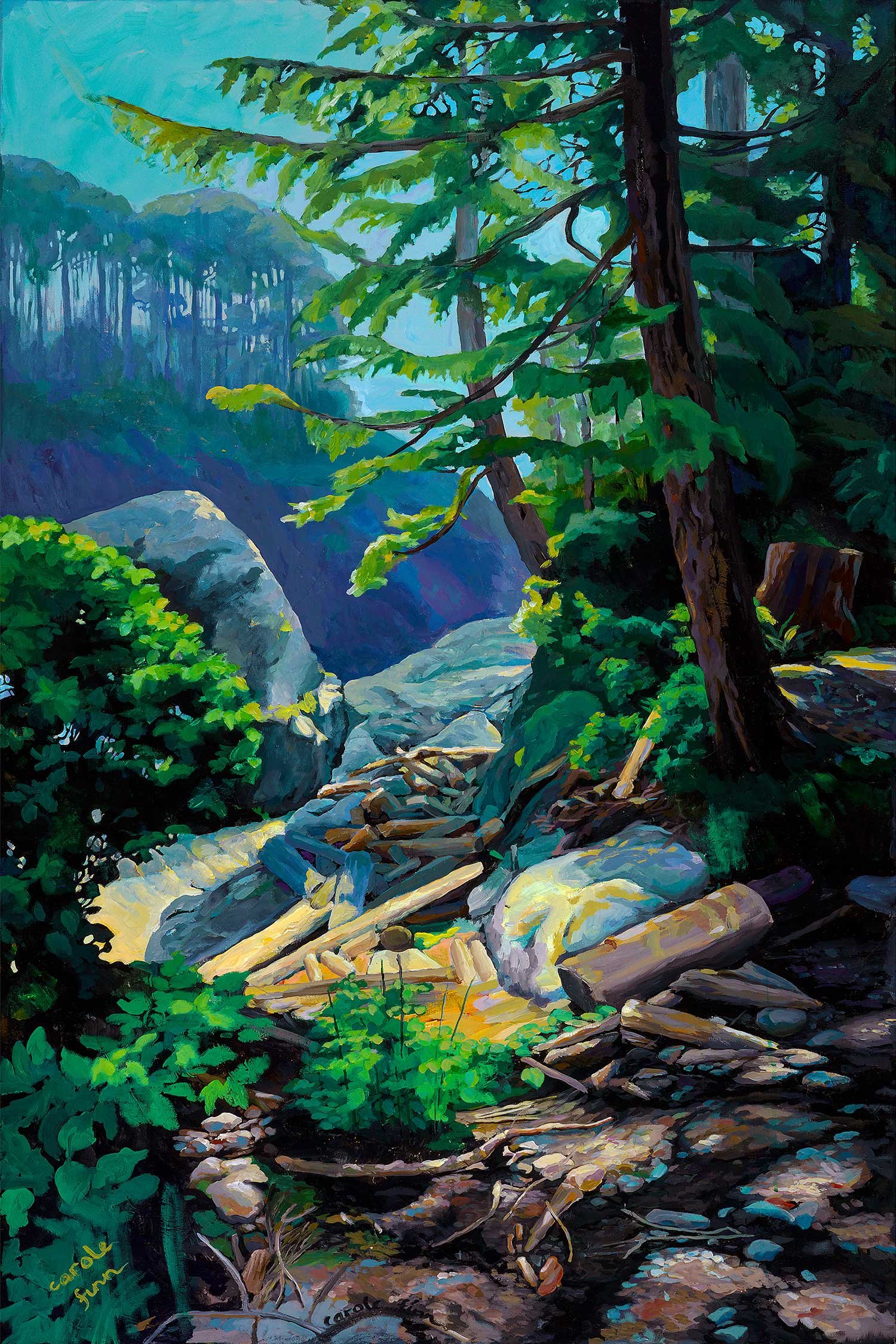Deep Gulley View to ocean ,Pacific Rim Trail , Vancouver Island,acrylic landscape., Painted by Carole Finn