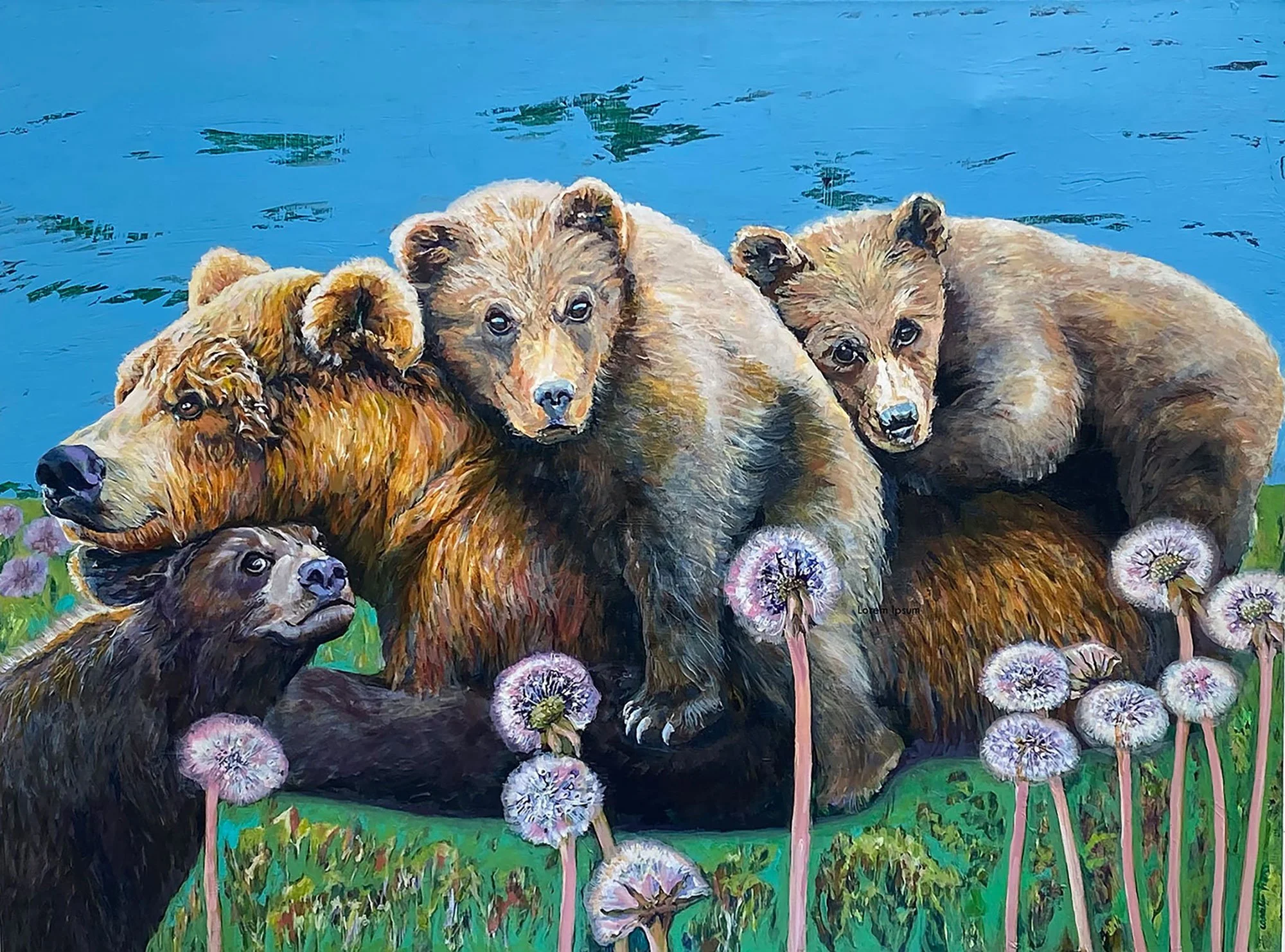 Grizzly Bear surrounded by three cubs and dandelions,acrylic wildlife painted by Carole Finn