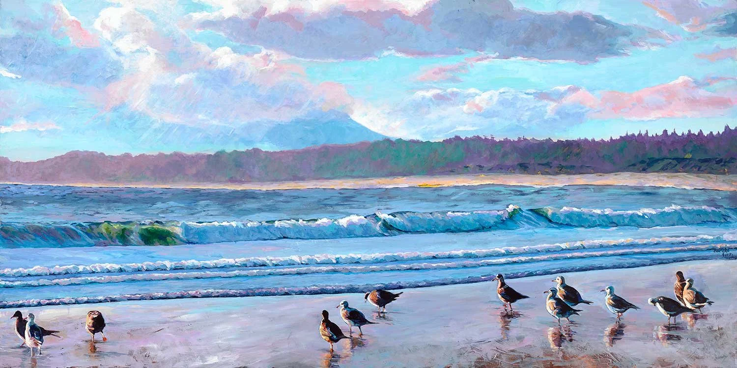 Gulls on Beach Wavesrolling, early evening,Vancouver Island,acrylic wildlife painting by Carole Finn