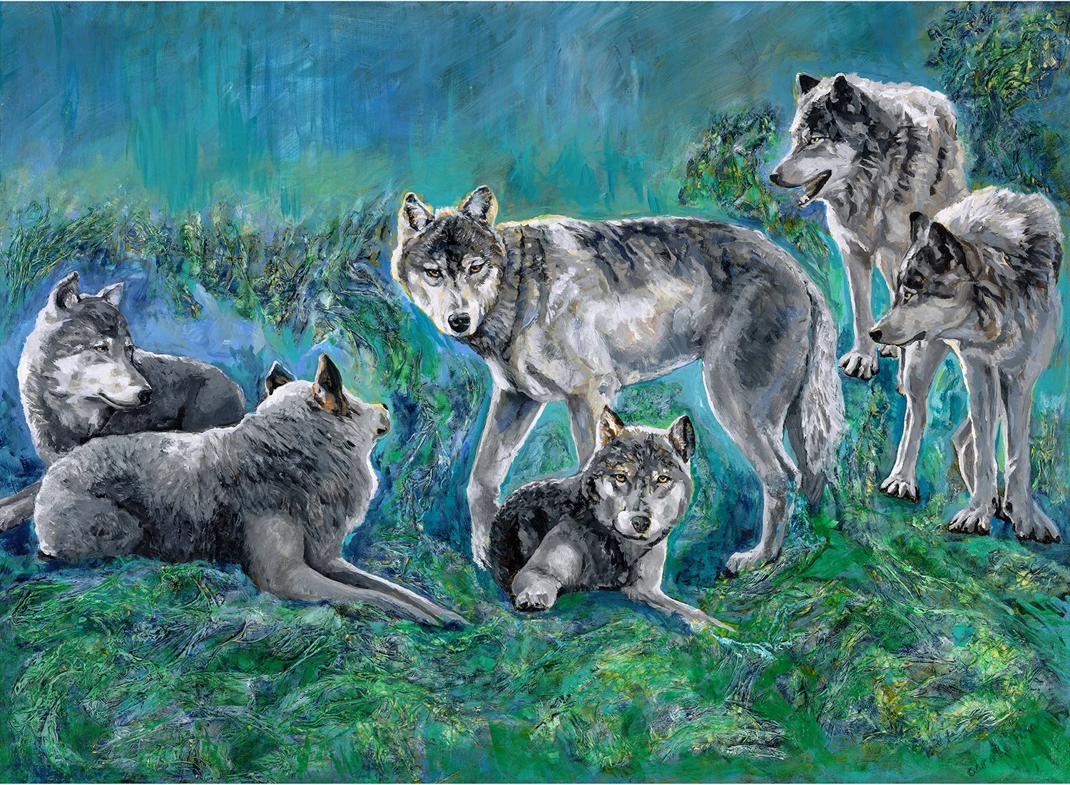 Wolf Pack resting on a grassy slope,Great Bear Rainforest, BC,acrylic wildlife painting by Carole Finn