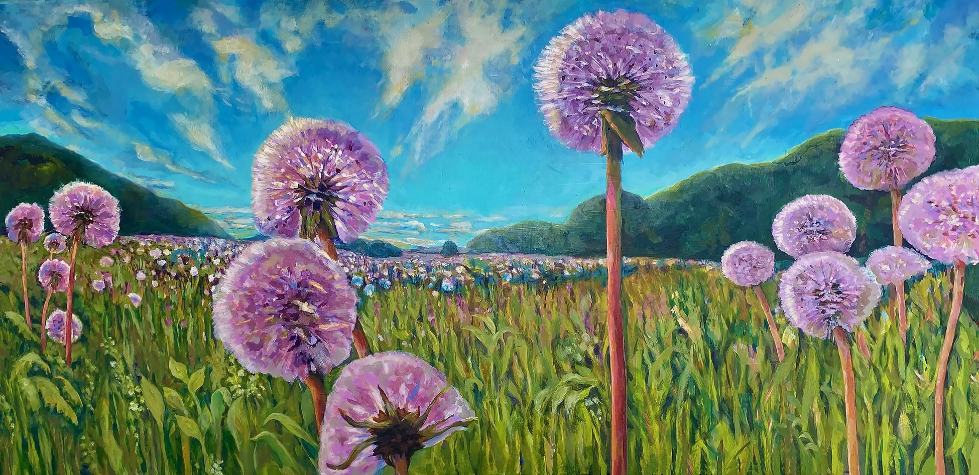 Field, Fluffy White Dandelion Heads,blue sky, clouds, acrylic landscape., Painted by Carole Finn