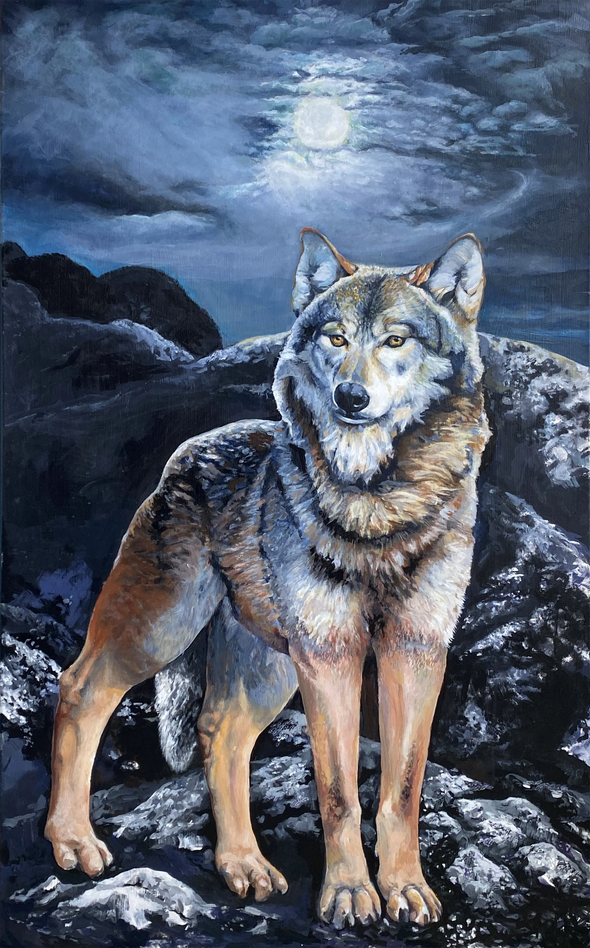 Sea Wolf Standing alone ssurrounded by rocks, dark sky, full moon covered by cloud,acrylic painting by Carole Finn