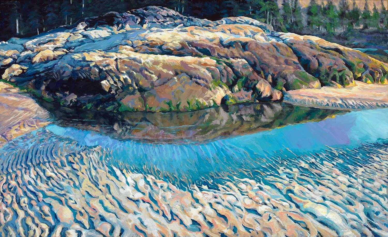 Large Rock after tide goes out, Wickaninnish Beach, Pacific Rim,Vancouver Island,acrylic landscape., Painted by Carole Finn