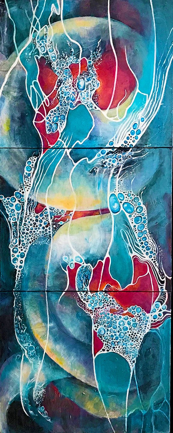Abstract Stream bed, waterflowin, bubbles, rocks below surface,acrylic abstract., Painted by Carole Finn