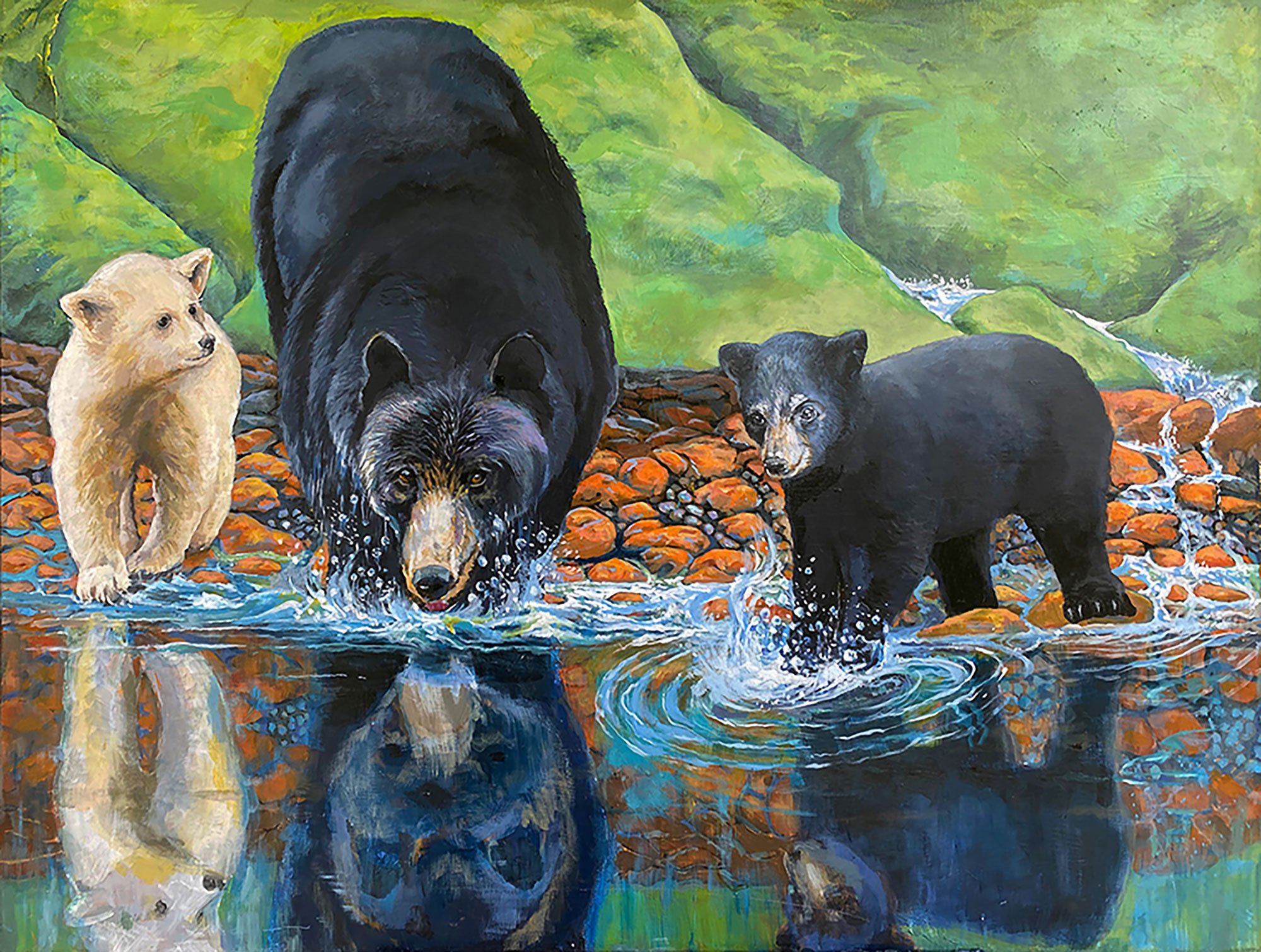 Black bear with white and black cubs drinking from moutainstream, actylic wildlife painted byCarole Finn