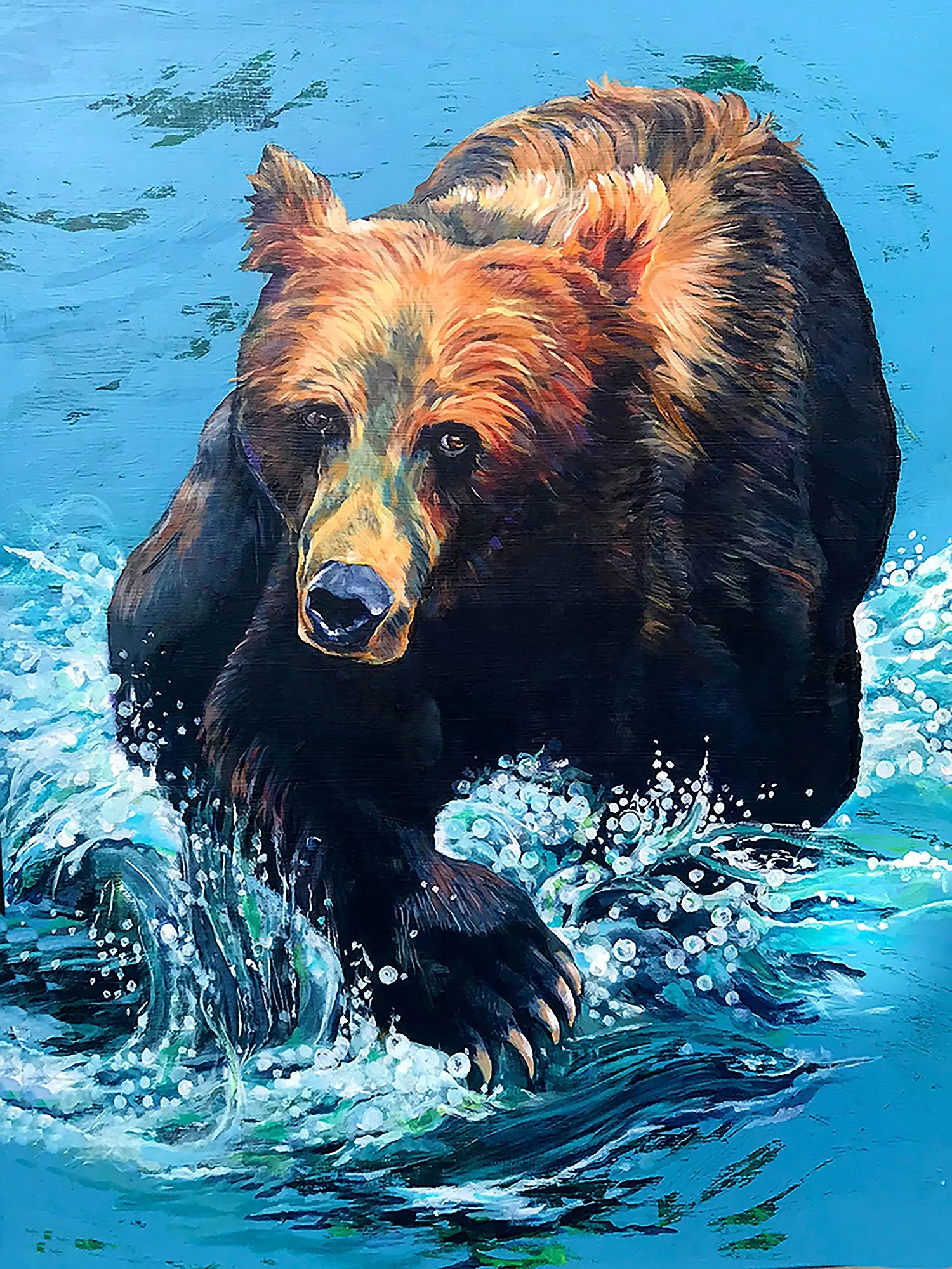 Male Grizzly escape  through water chsased by hunters, acrylis wildlife painted by Carole Finn