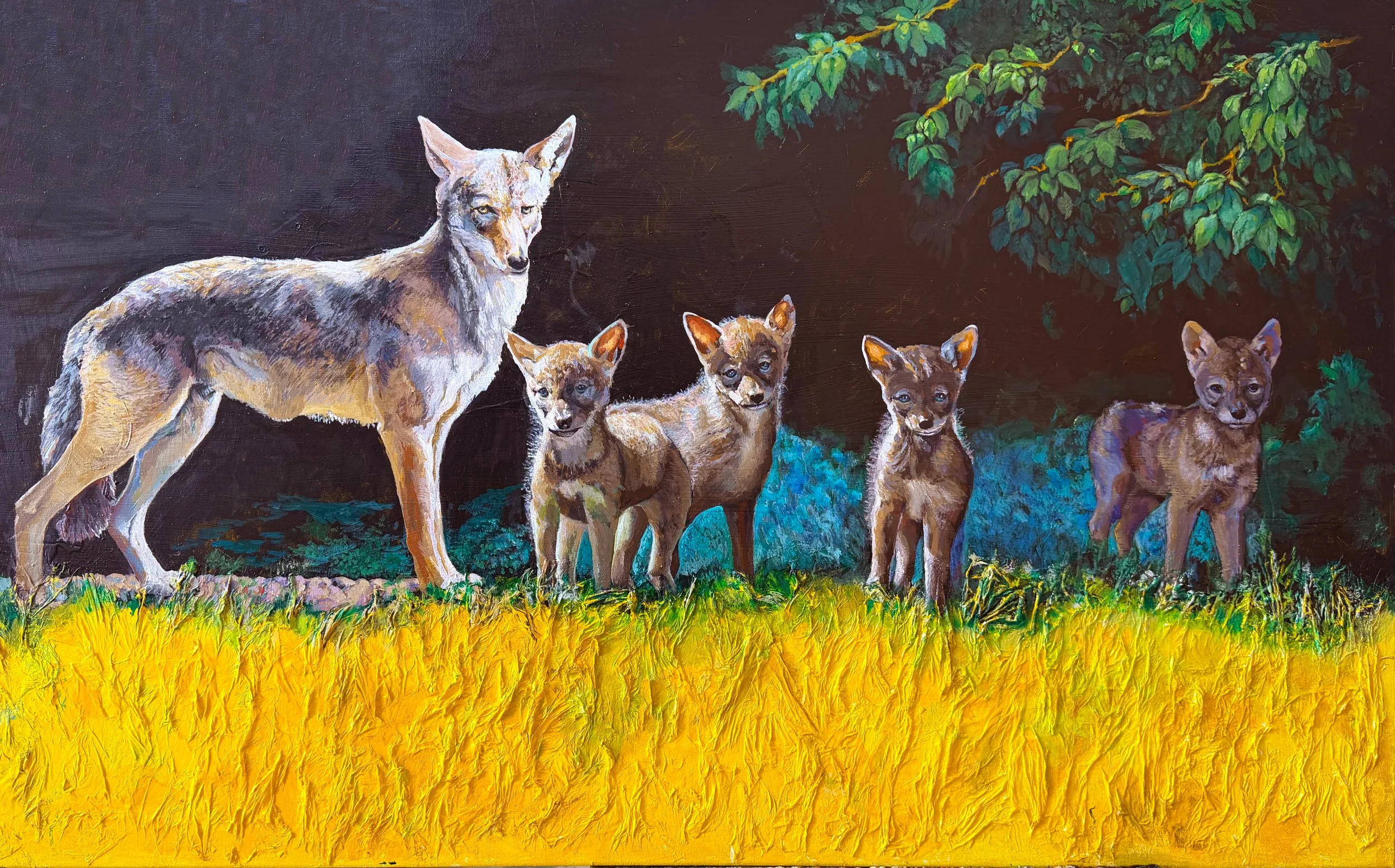 Coyote Vixen and Kits standingin grasses staringat Viewer, trees behind, textured grasses acrylic wildlife, Painted by Carole Finn