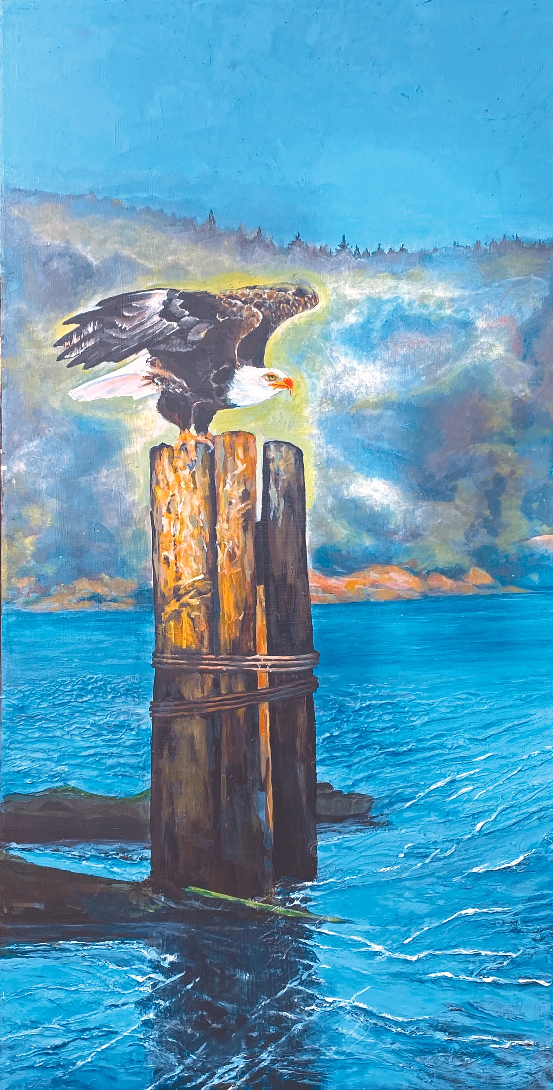 Bald Eagle Landing , Pier by wharf , Great Bear Rainforest,BC, acrylic wildlife , painting by Carole Finn,sun making shadows, through