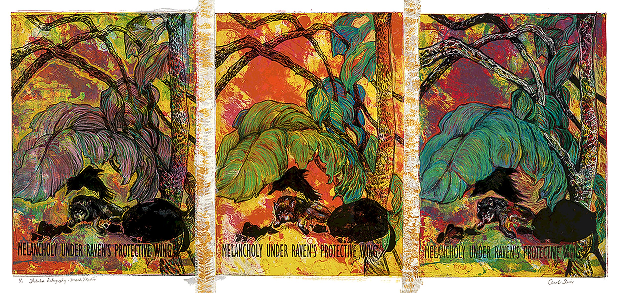 Aluminum 5 Plate Waterless Litho graph with 3 panels Showing Wolf Sleping , A Commotion, The last The Wolf dead, Lithograph by Carole Finn