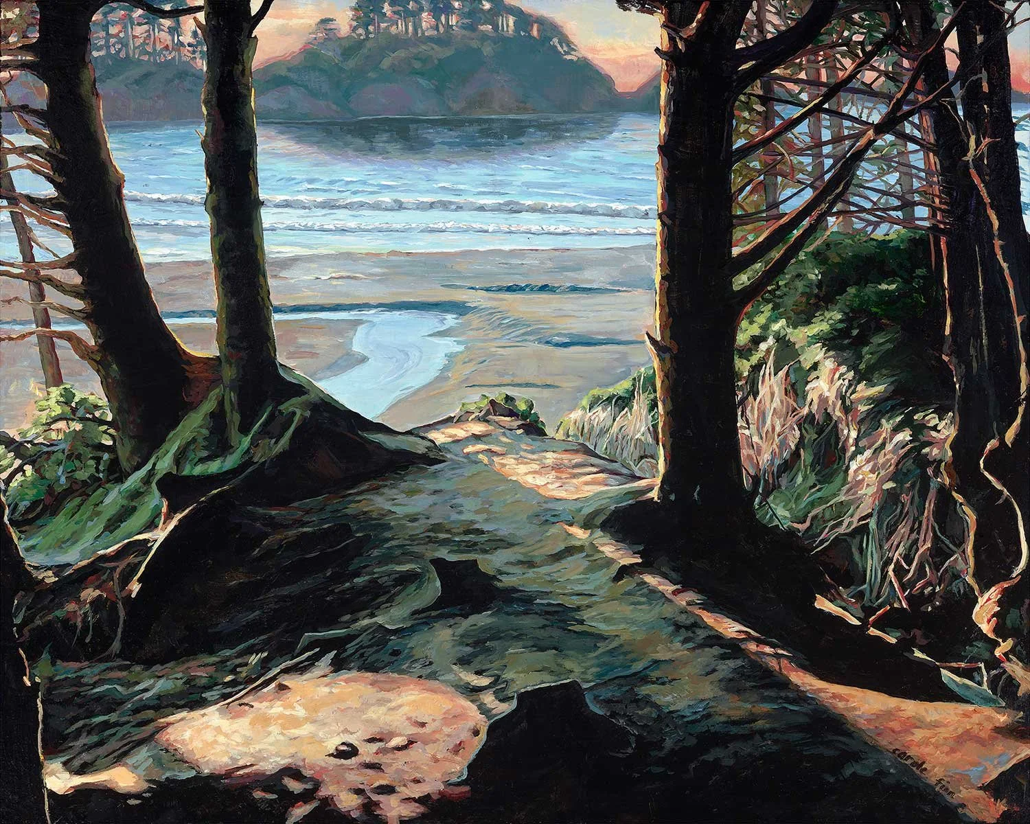 Surfers Trail, Chesterman Beach,Vancouver Island, sunset, Frank Island, acrylic landscape., Painted by Carole Finn