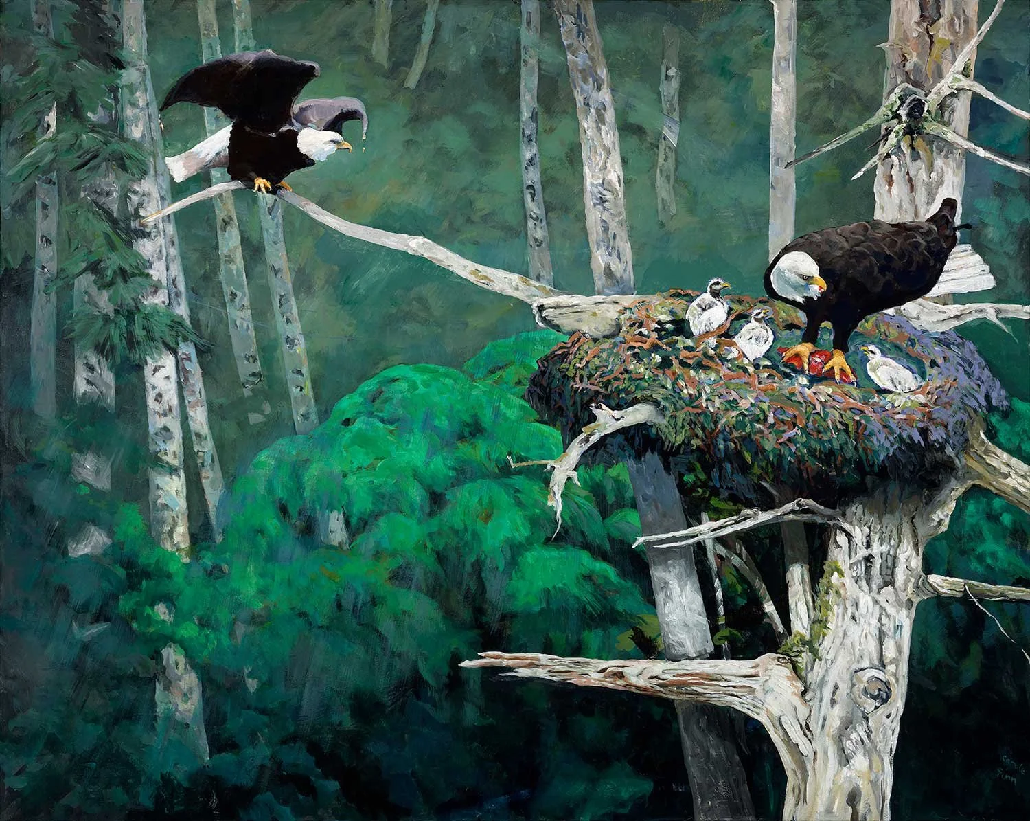 Male _female Bald Eagle parenting hatchlings, acrylic wildlife painted by Carole Finn