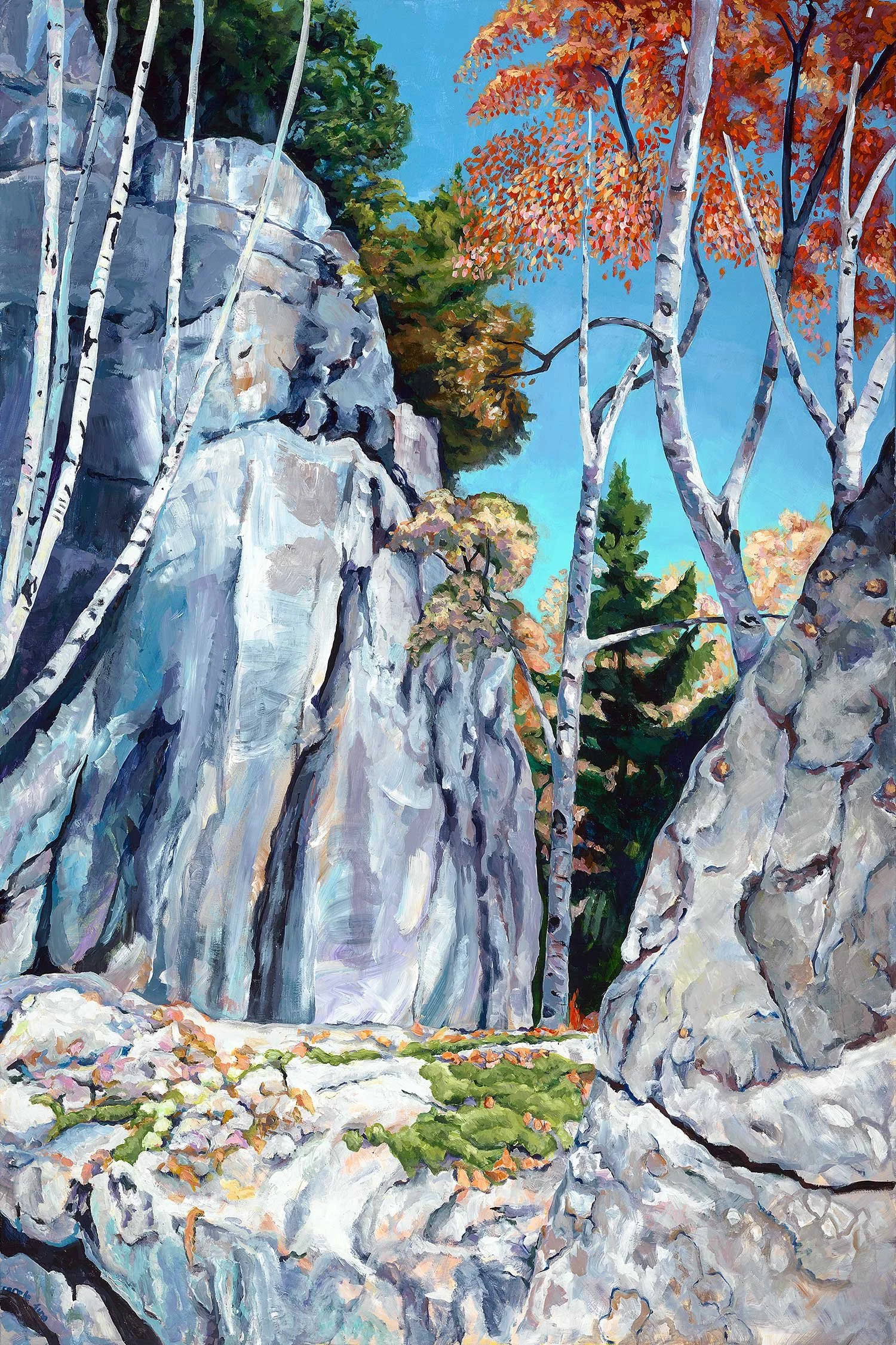 Summit Protrusion,Middle clff,Fall colours, birches, Laurentian Sheild,Haliburtpn Forest,Ontario,acrylic landscape., Painted by Carole Finn