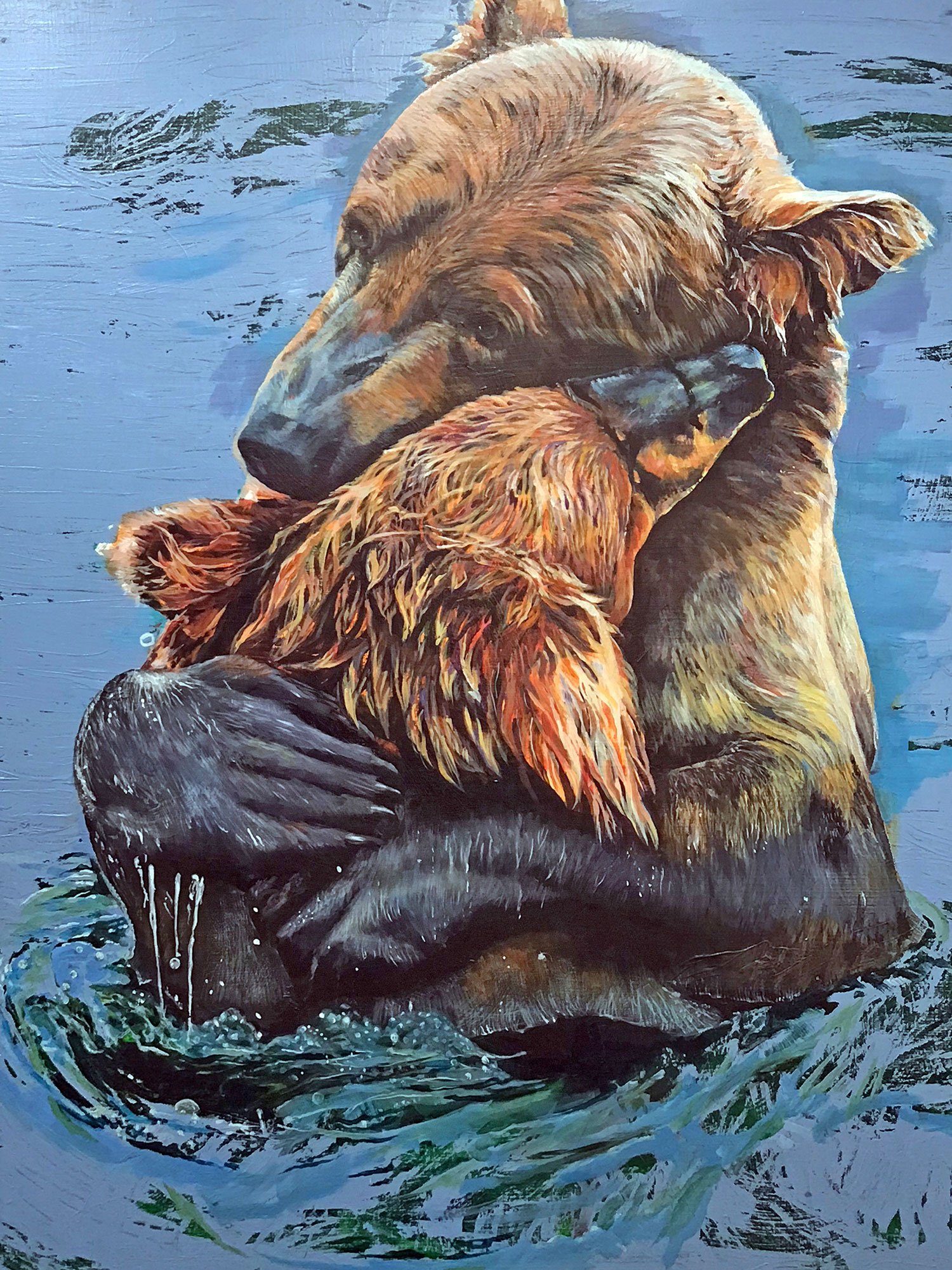Grizzly Mom hugging other bear in water , acrylic wildlife painting by Carole Finn