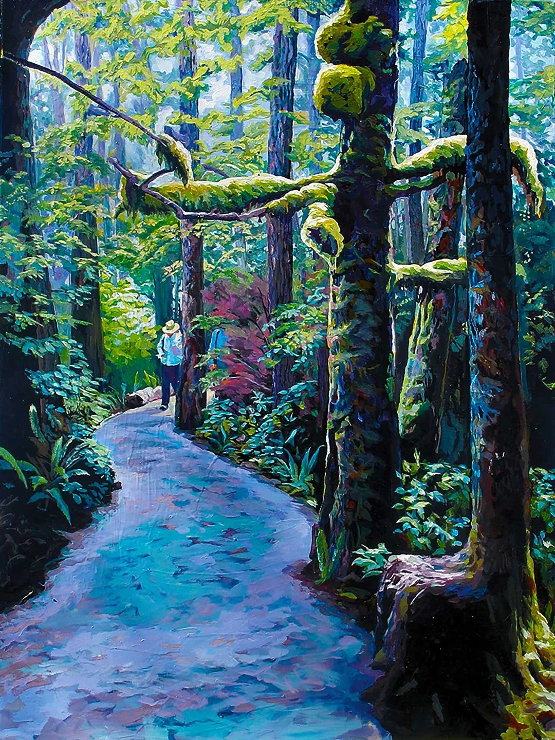 Trail with Moss covered Trees, Pacific  Rim , Vancouver Island, two peoplwalking through sulight ,acrylic landscape., Painted by Carole Finn