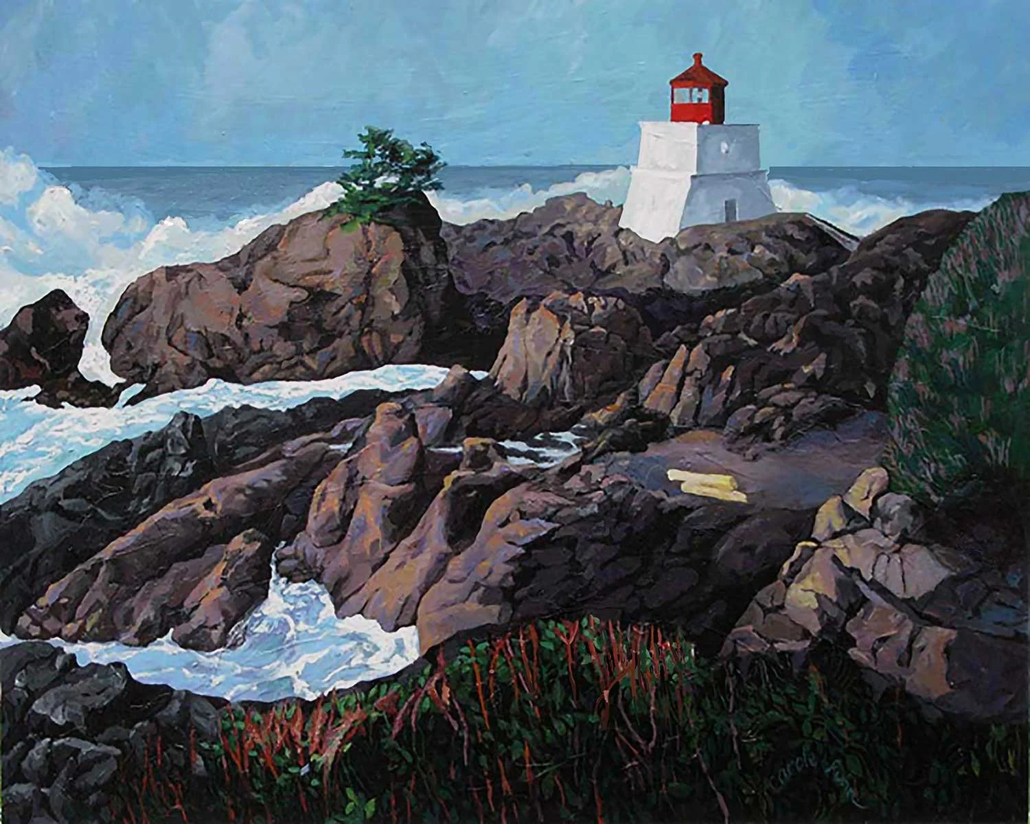Amphortite Point Lighthouse, Pacific Rim, volcanic rock masses , highwaves , white structure with beacon red house, acrylic landscape., Painted by Carole Finn